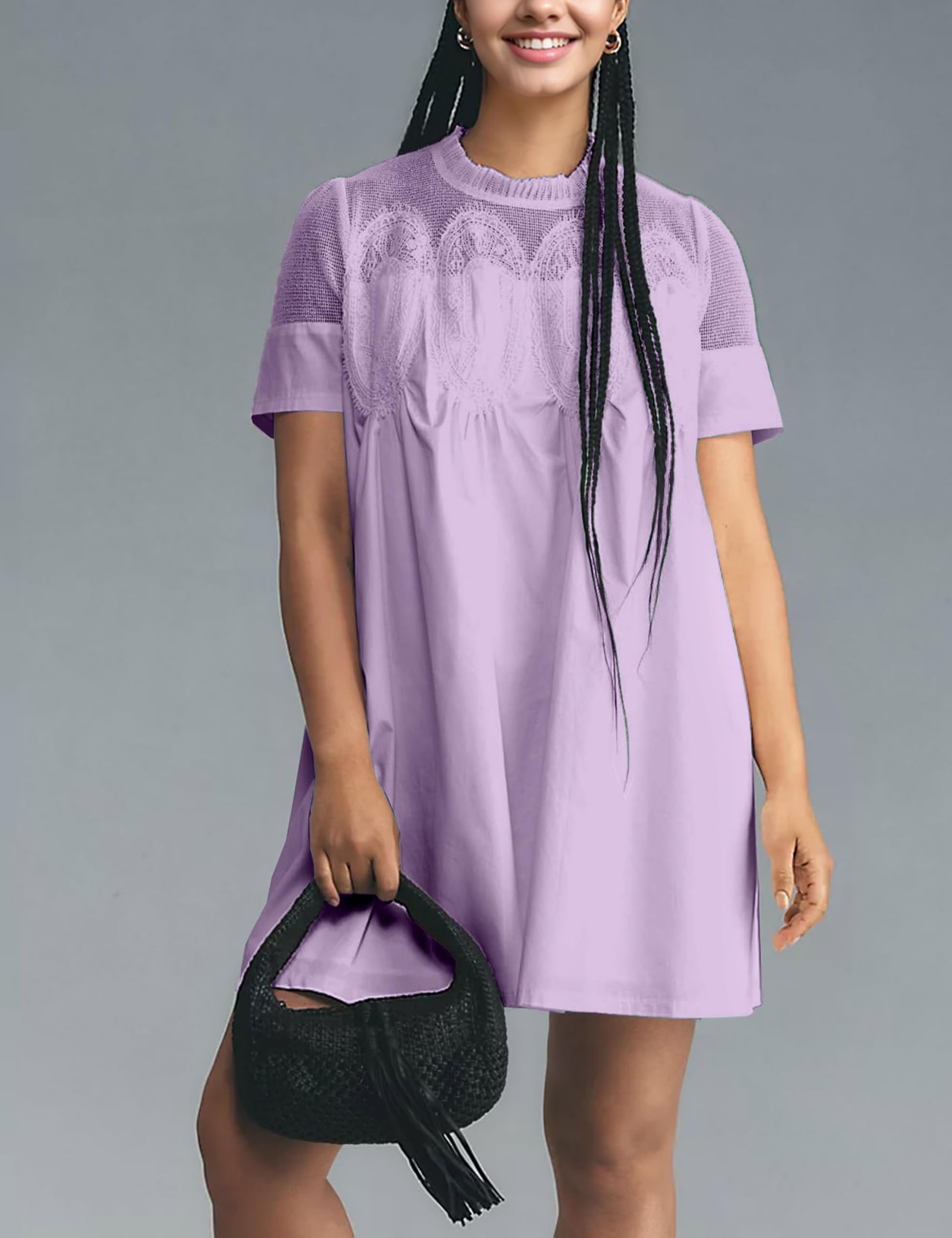 Womens Babydoll Lace Patchwork Dresses Short Sleeve Ruffle Sundress