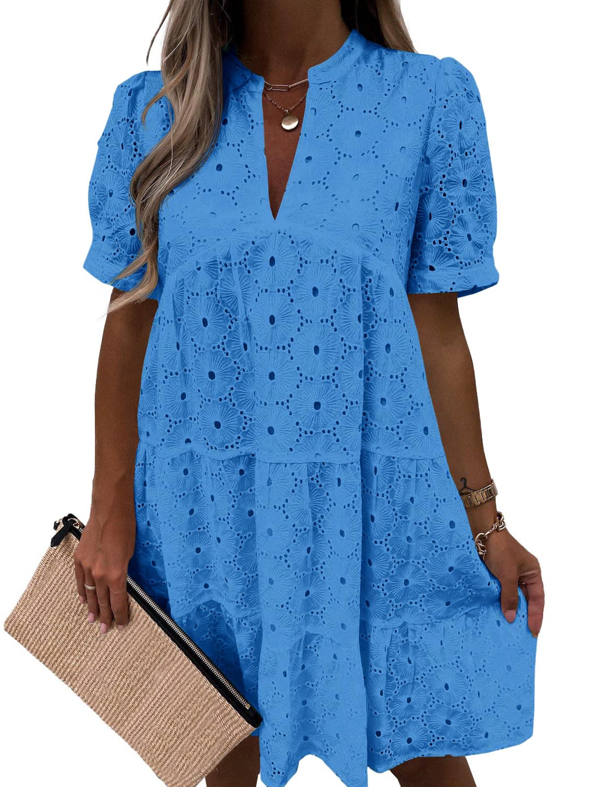 Women’s Summer Lace Dresses Eyelet Casual Flowy Babydoll Swing Short Sleeve V Neck Tunic Dress