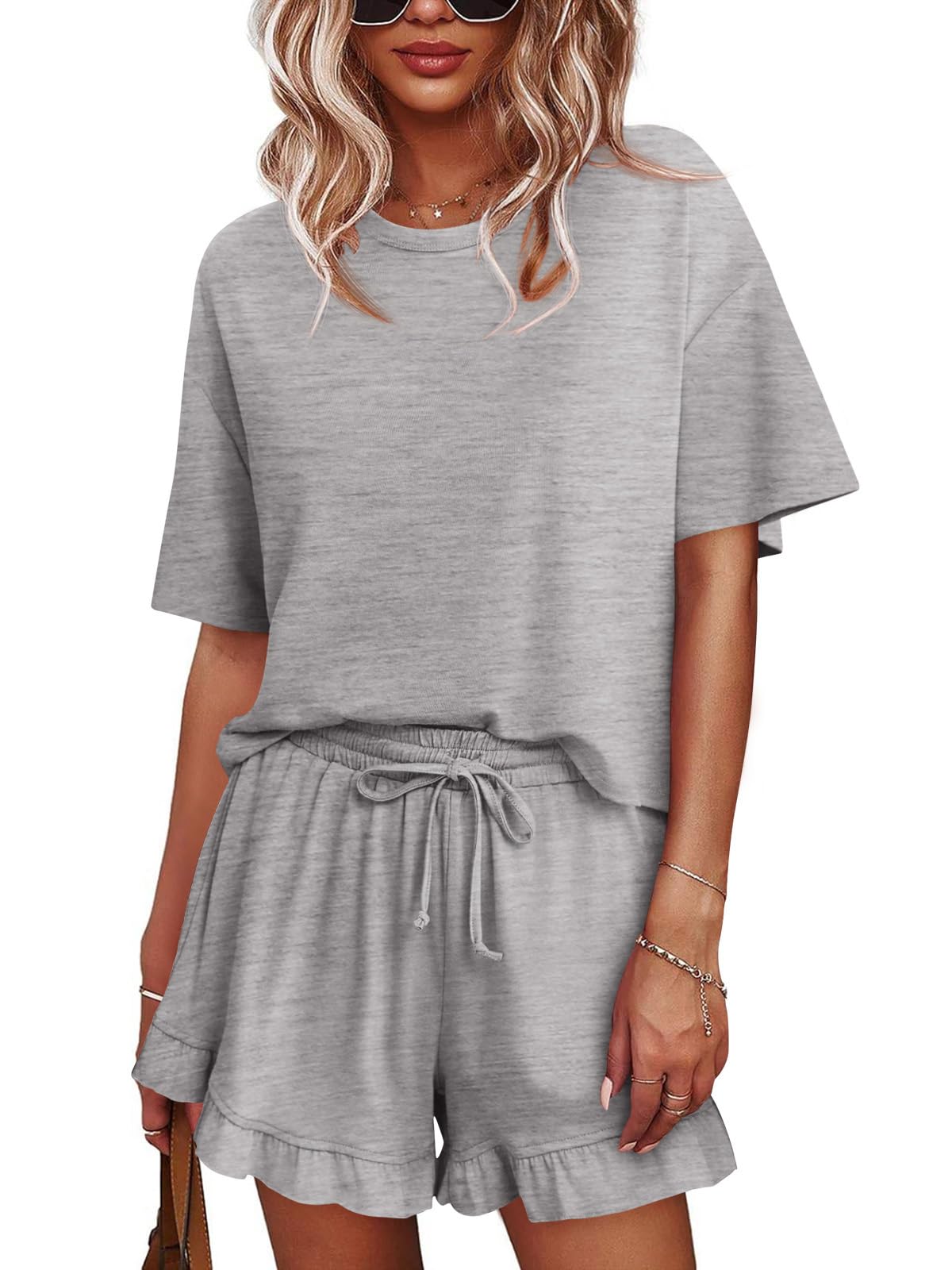 Womens Pajamas Set Lounge Sets Cropped Short Sleeve T Shirts Drawstring Ruffle Shorts