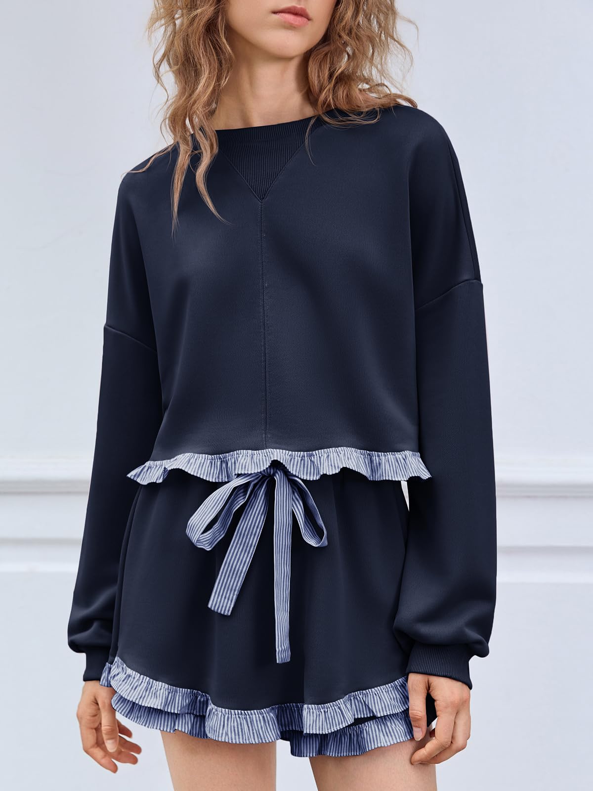 Women's 2 Piece Lounge Sets Color Block Ruffle Cropped Sweatshirts Loose Drawstring Waist Shorts