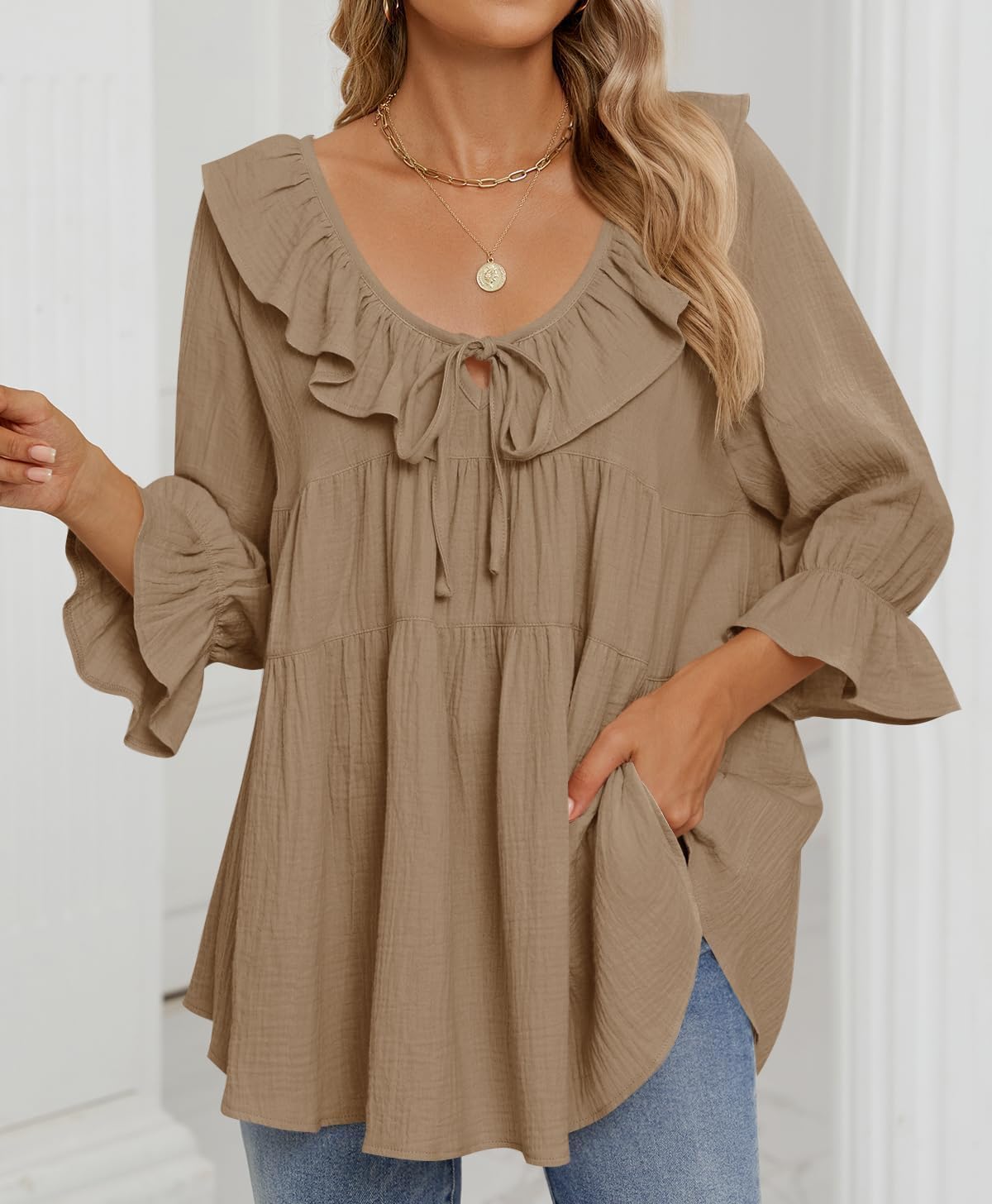 3/4 Sleeve Scoop Neck Tie Front Ruffle Tiered Peplum Loose Blouse Tops
