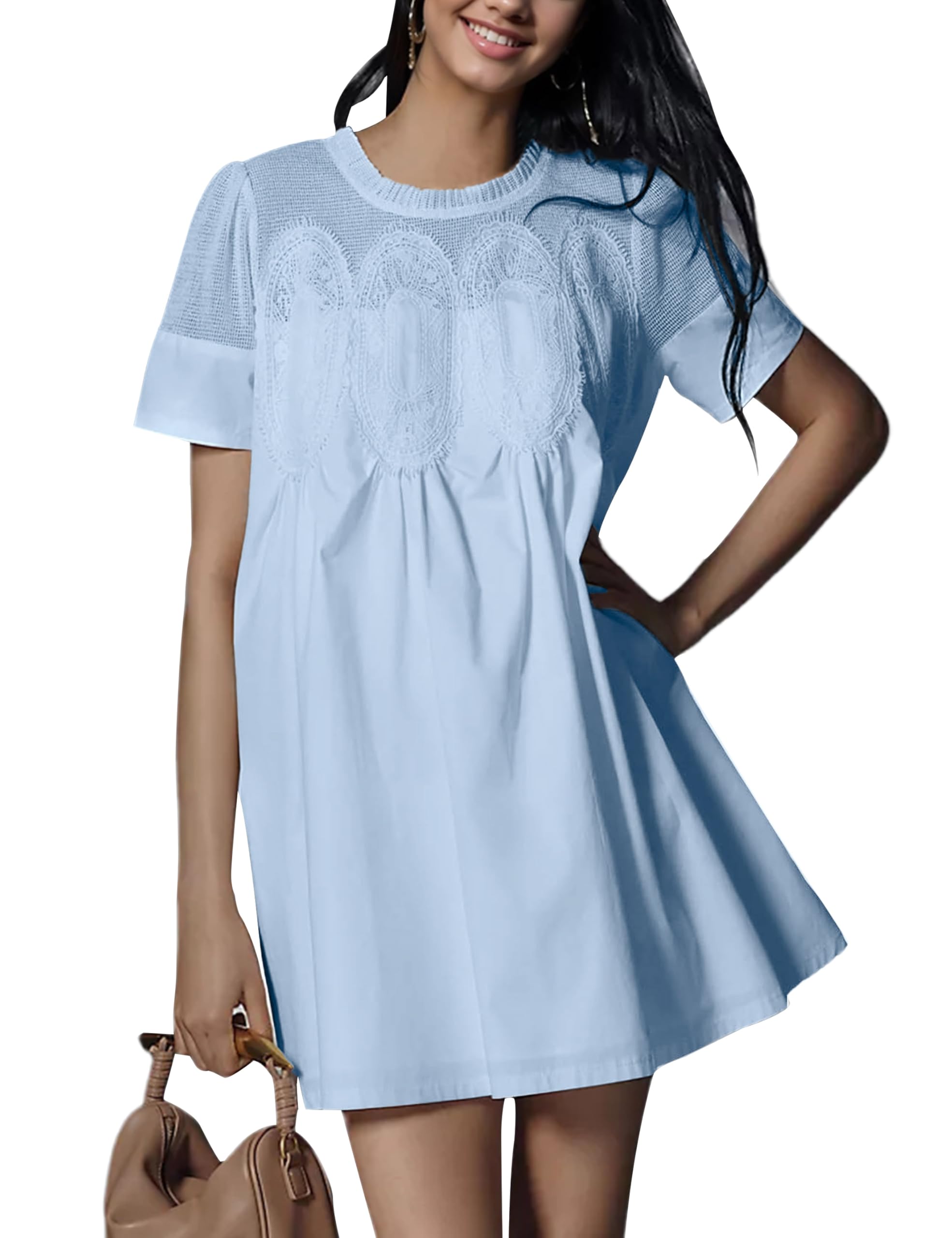Womens Babydoll Lace Patchwork Dresses Short Sleeve Ruffle Sundress