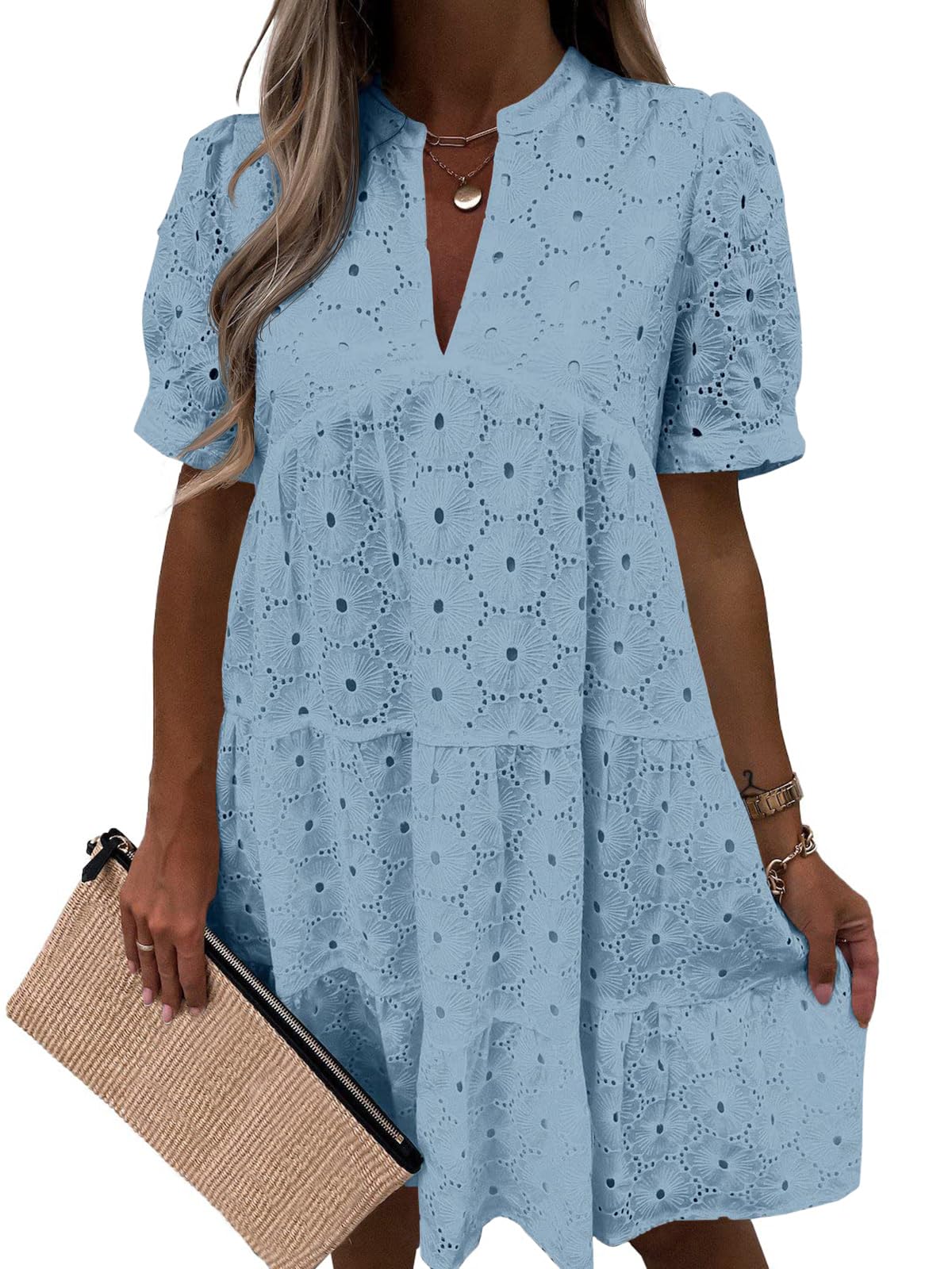 Women’s Summer Lace Dresses Eyelet Casual Flowy Babydoll Swing Short Sleeve V Neck Tunic Dress