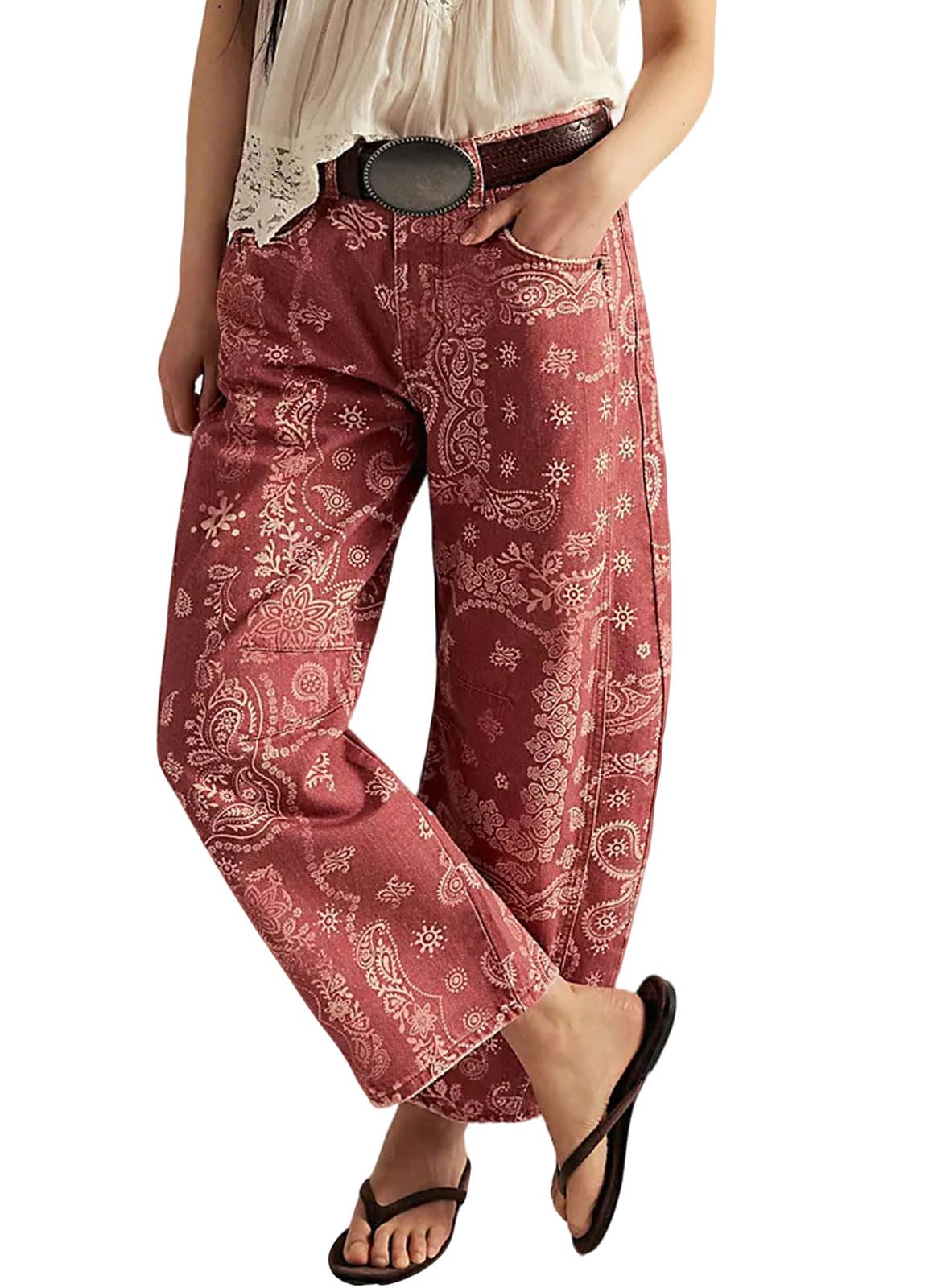 Women Boyfriend Baggy Barrel Jeans Floral Print Denim Ankle Pants Wide Leg Mid Rise Jeans