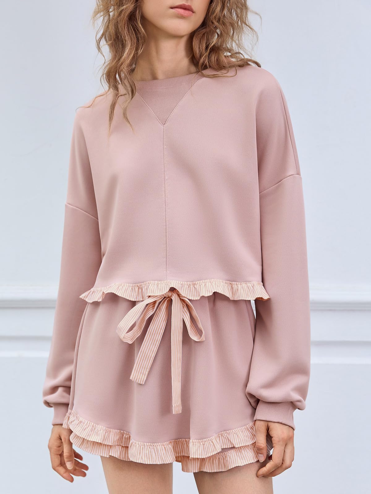 Women's 2 Piece Lounge Sets Color Block Ruffle Cropped Sweatshirts Loose Drawstring Waist Shorts