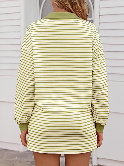 Womens Striped 2 Piece Outfits Casual Sweatshirt Skirt Set(50% off TODAY!!!)