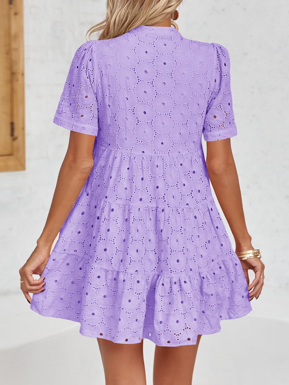 Women’s Summer Lace Dresses Eyelet Casual Flowy Babydoll Swing Short Sleeve V Neck Tunic Dress