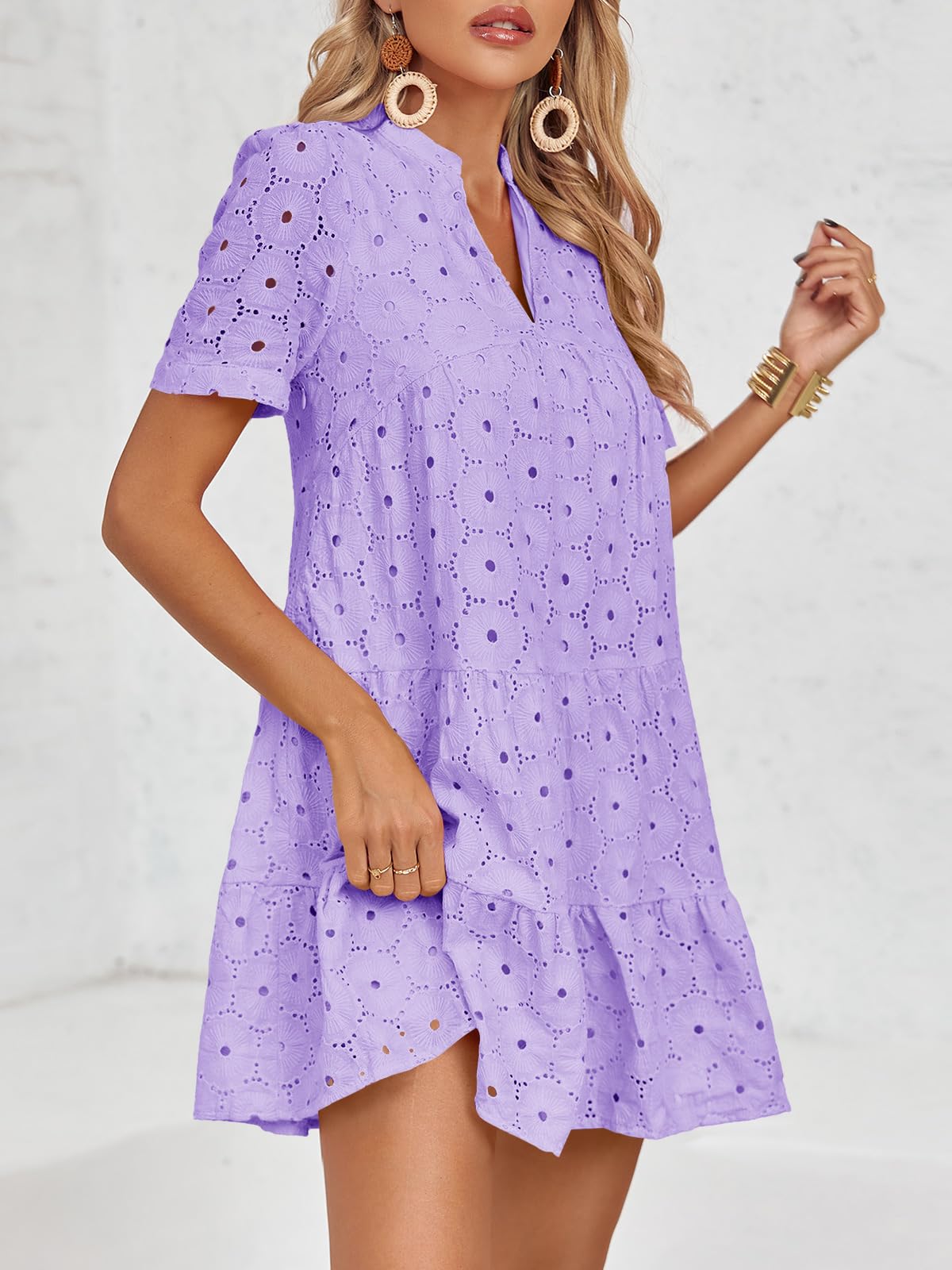 Women’s Summer Lace Dresses Eyelet Casual Flowy Babydoll Swing Short Sleeve V Neck Tunic Dress