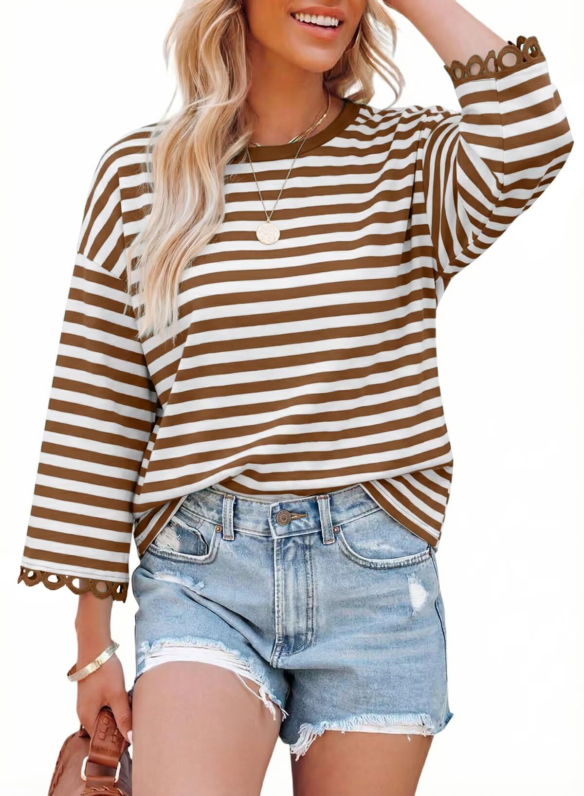 HOT SALE Women's Crewneck Striped Cute Color Block 3/4 Sleeve Blouse Top