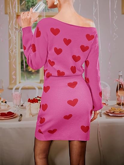 Women's Heart Print Off The Shoulder Sweater Dress(40% OFF!!!)