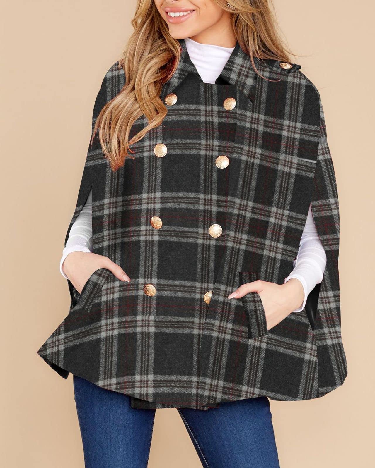 Women's Plaid Double Breasted Winter Cape Coats