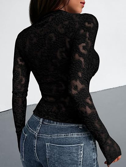 Women Lace Sexy Sheer Tight See Through Mesh Long Sleeve Tops(buy 2 free shipping)