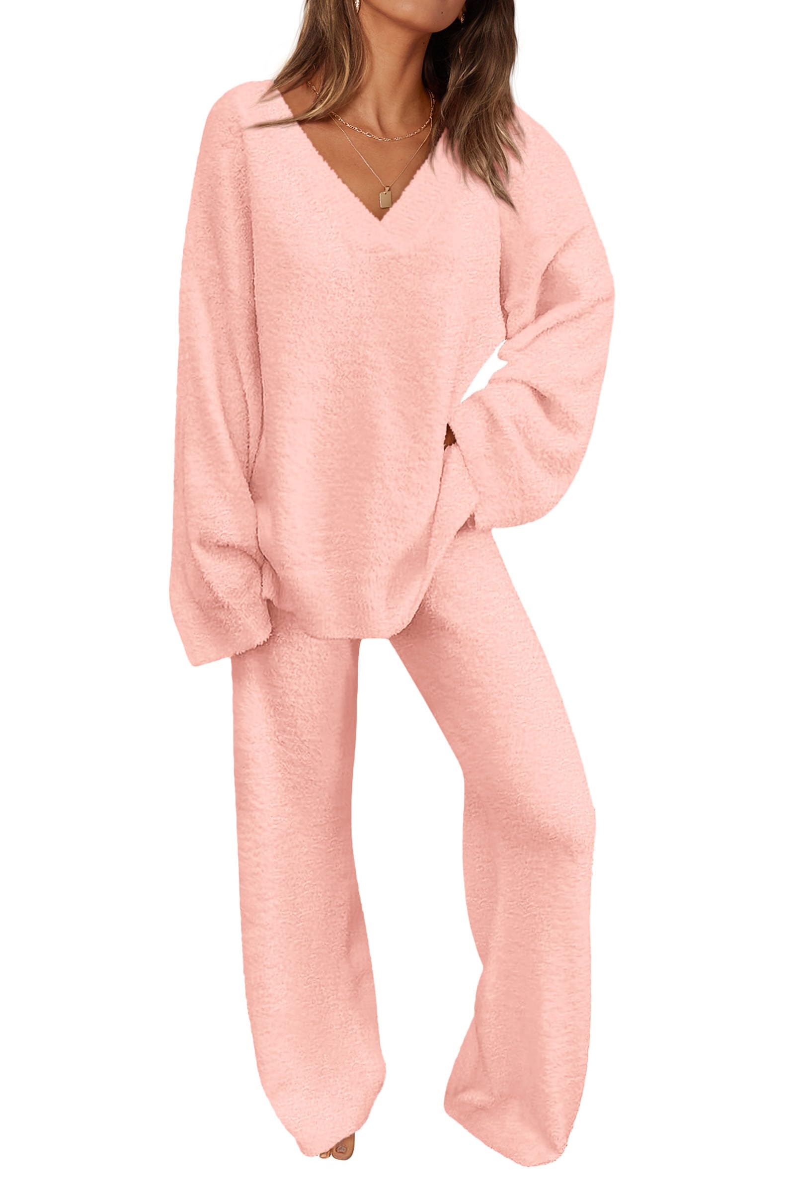 Women's 2 Piece Oversized V Neck Pullover Sweater Fuzzy Lounge Set (Buy 2 Free Shipping)