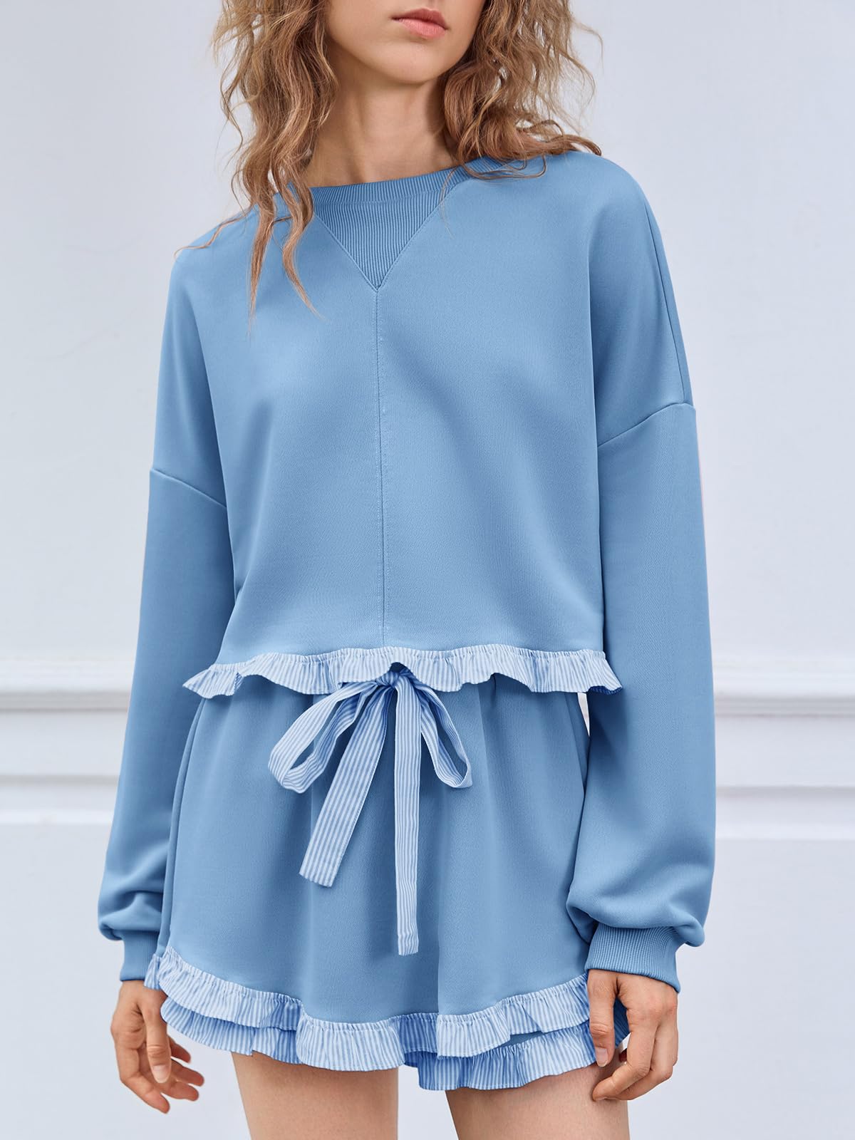 Women's 2 Piece Lounge Sets Color Block Ruffle Cropped Sweatshirts Loose Drawstring Waist Shorts