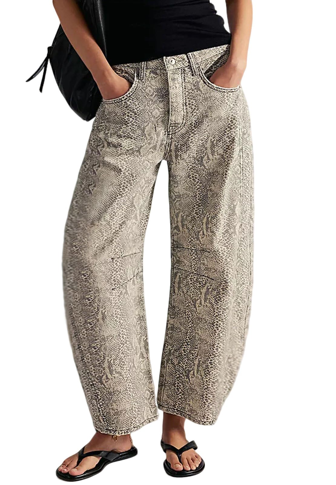 Women Boyfriend Baggy Barrel Jeans Floral Print Denim Ankle Pants Wide Leg Mid Rise Jeans