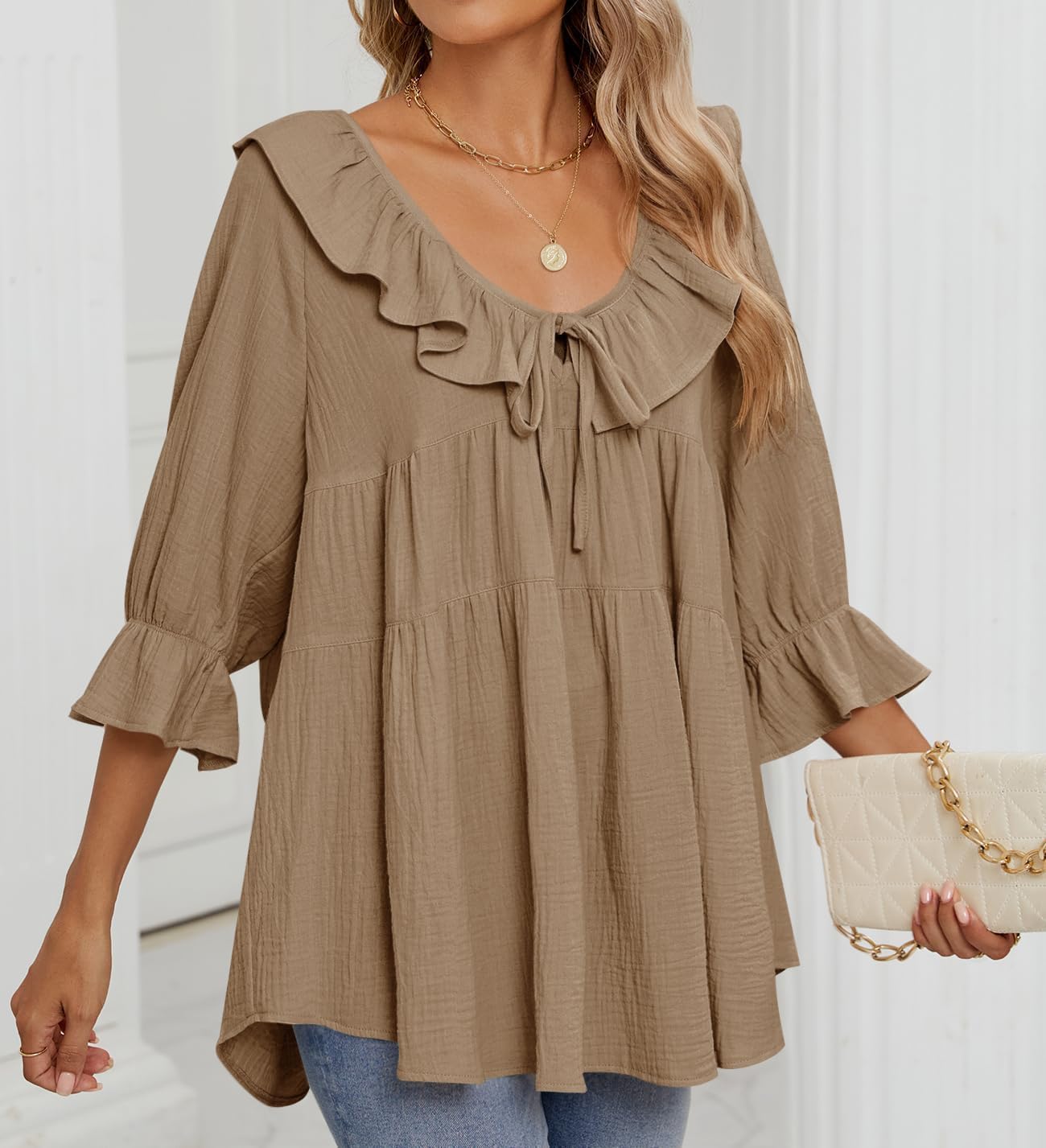 3/4 Sleeve Scoop Neck Tie Front Ruffle Tiered Peplum Loose Blouse Tops