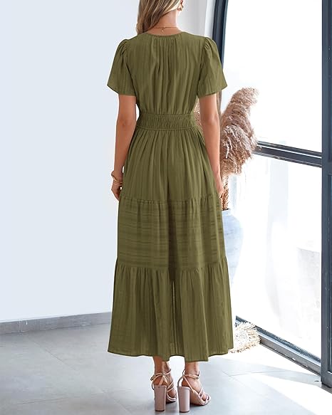 2025 New Women's Lightweight Short Sleeve V Neck Elastic Waist Dresses(BUY 2 FREE SHIPPING)