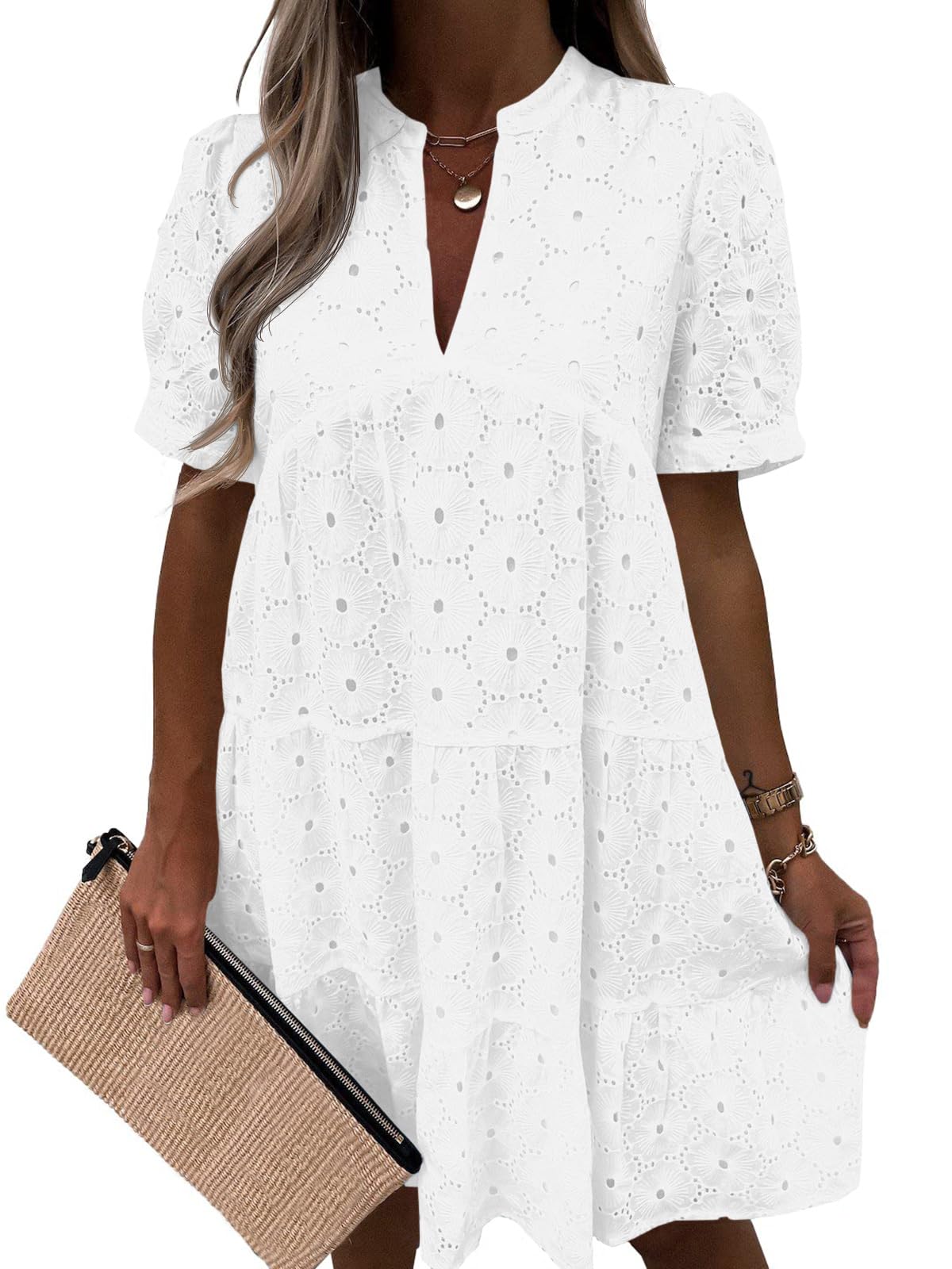 Women’s Summer Lace Dresses Eyelet Casual Flowy Babydoll Swing Short Sleeve V Neck Tunic Dress