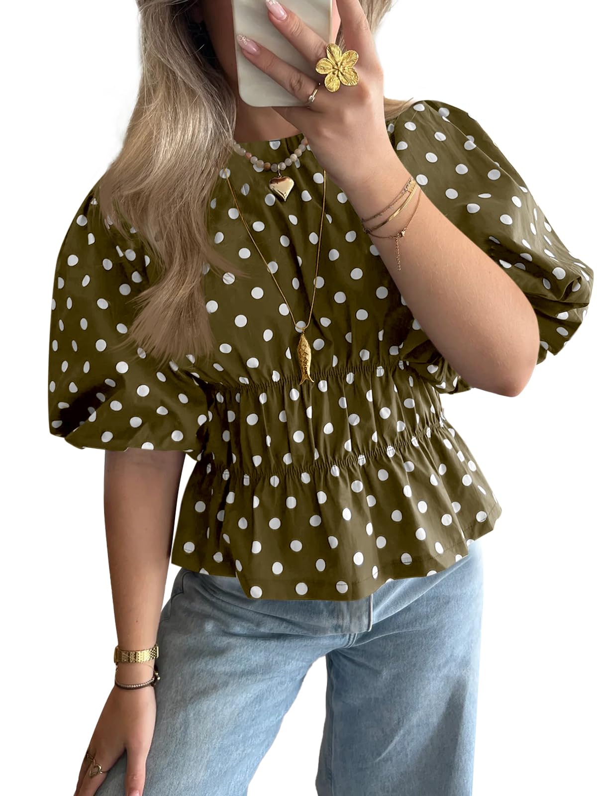 Womens Polka Dots Peplum Tops Summer Puff Short Sleeve Round Neck Blouses