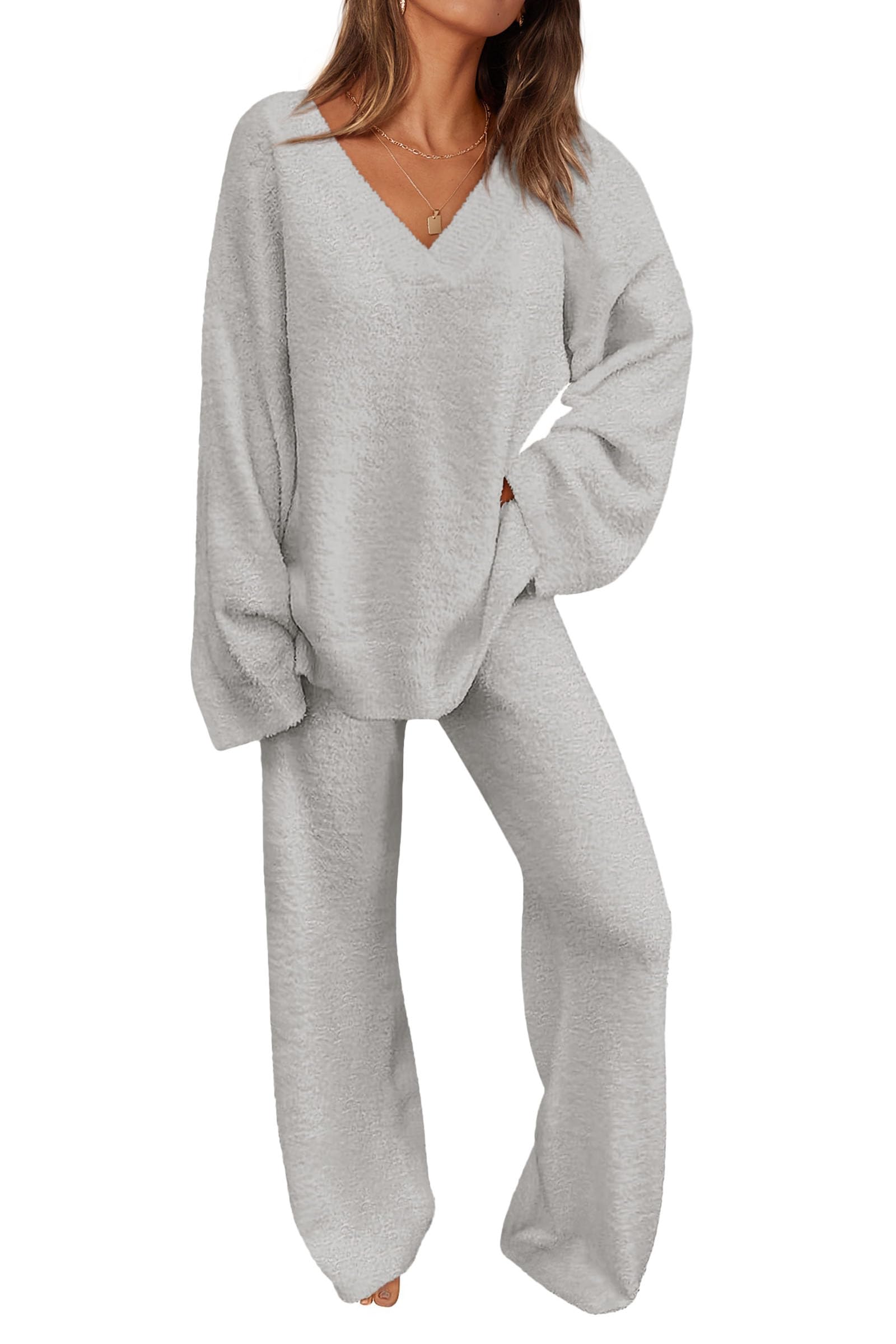 Women's 2 Piece Oversized V Neck Pullover Sweater Fuzzy Lounge Set (Buy 2 Free Shipping)