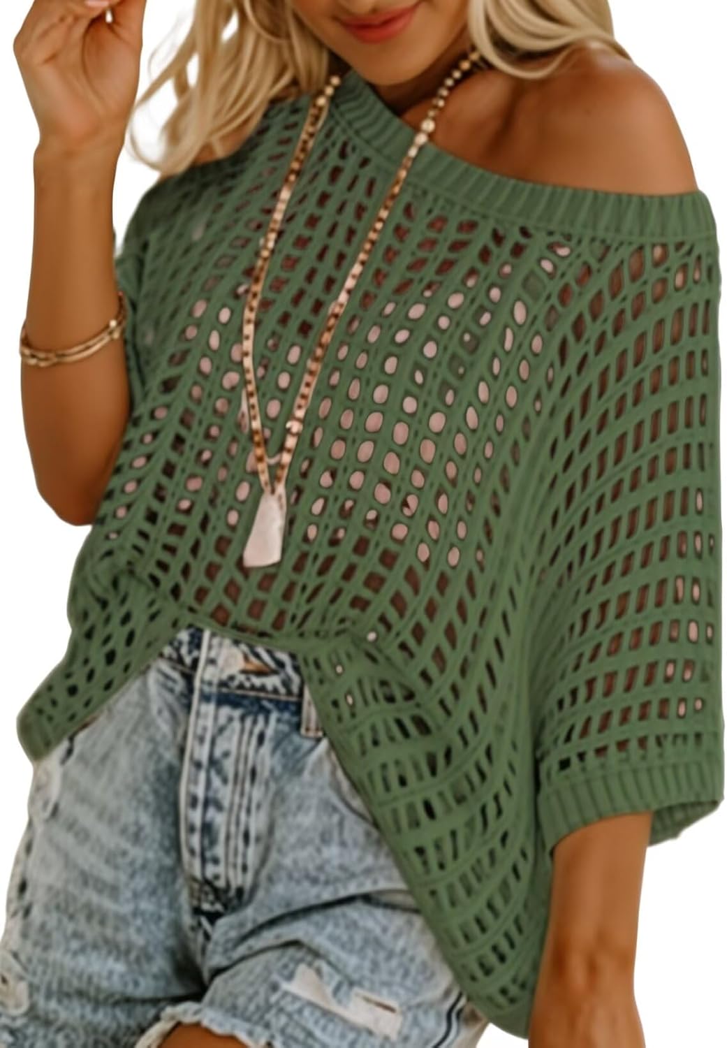 Womens Casual Short Sleeve Hollow Out Pullover Knit Tops(BUY 2 FREE SHIPPING)