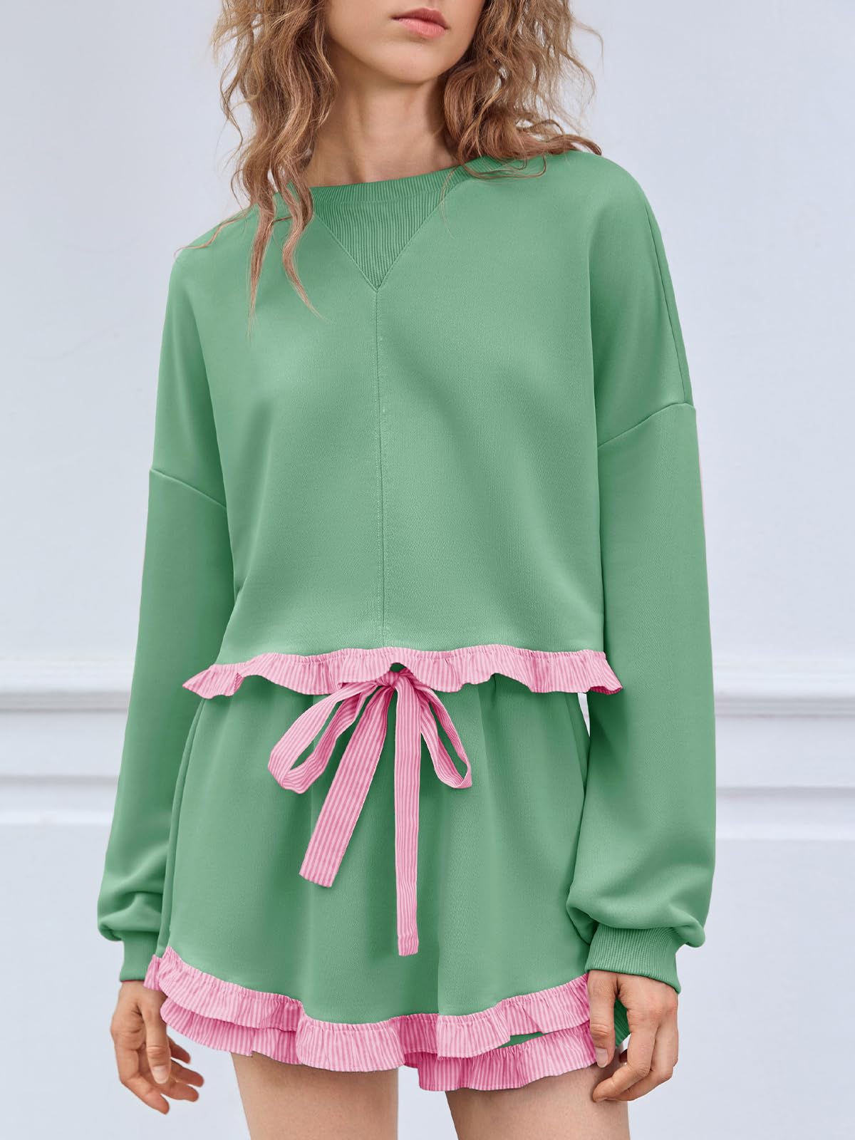 Women's 2 Piece Lounge Sets Color Block Ruffle Cropped Sweatshirts Loose Drawstring Waist Shorts