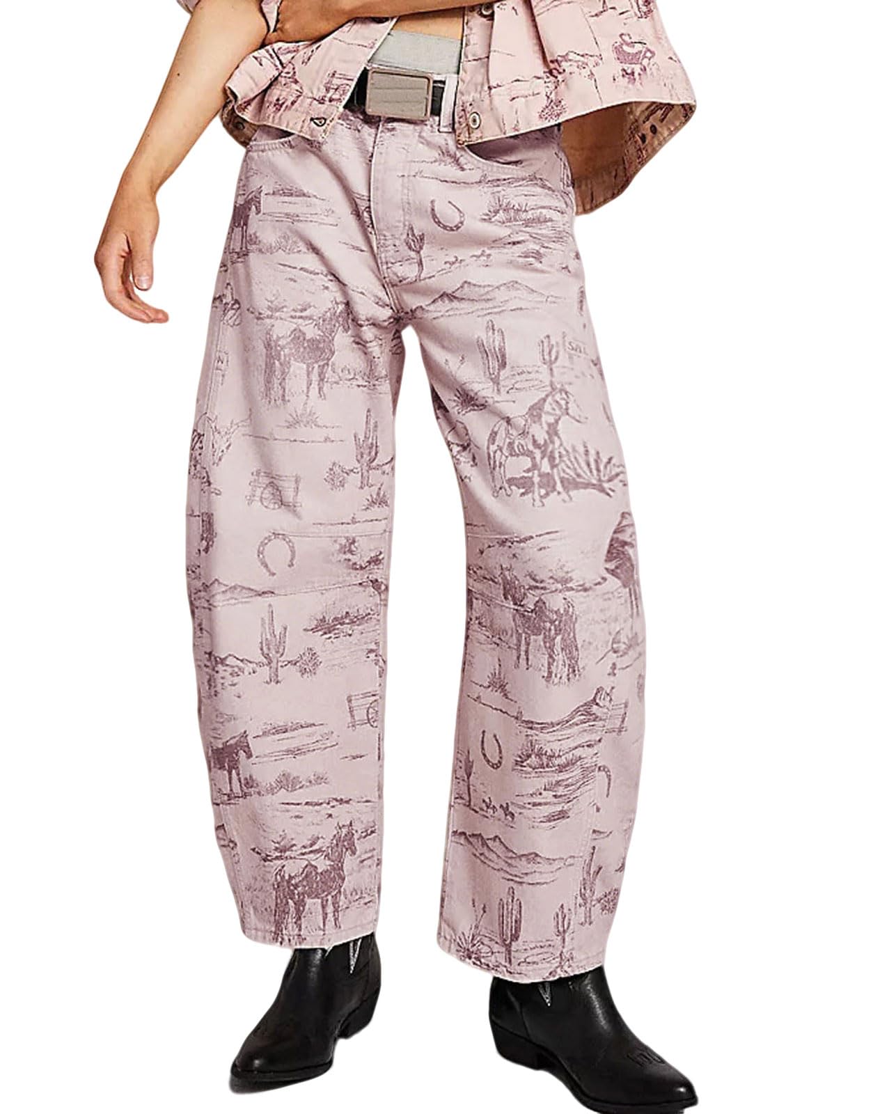 Women Boyfriend Baggy Barrel Jeans Floral Print Denim Ankle Pants Wide Leg Mid Rise Jeans