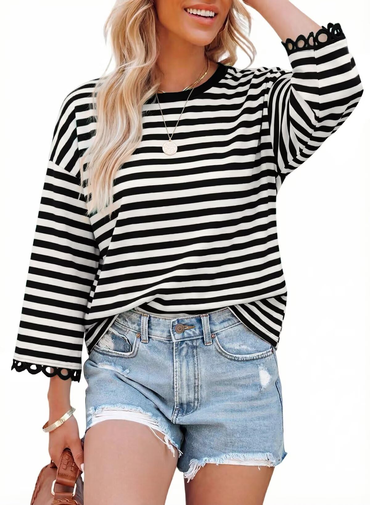 HOT SALE Women's Crewneck Striped Cute Color Block 3/4 Sleeve Blouse Top