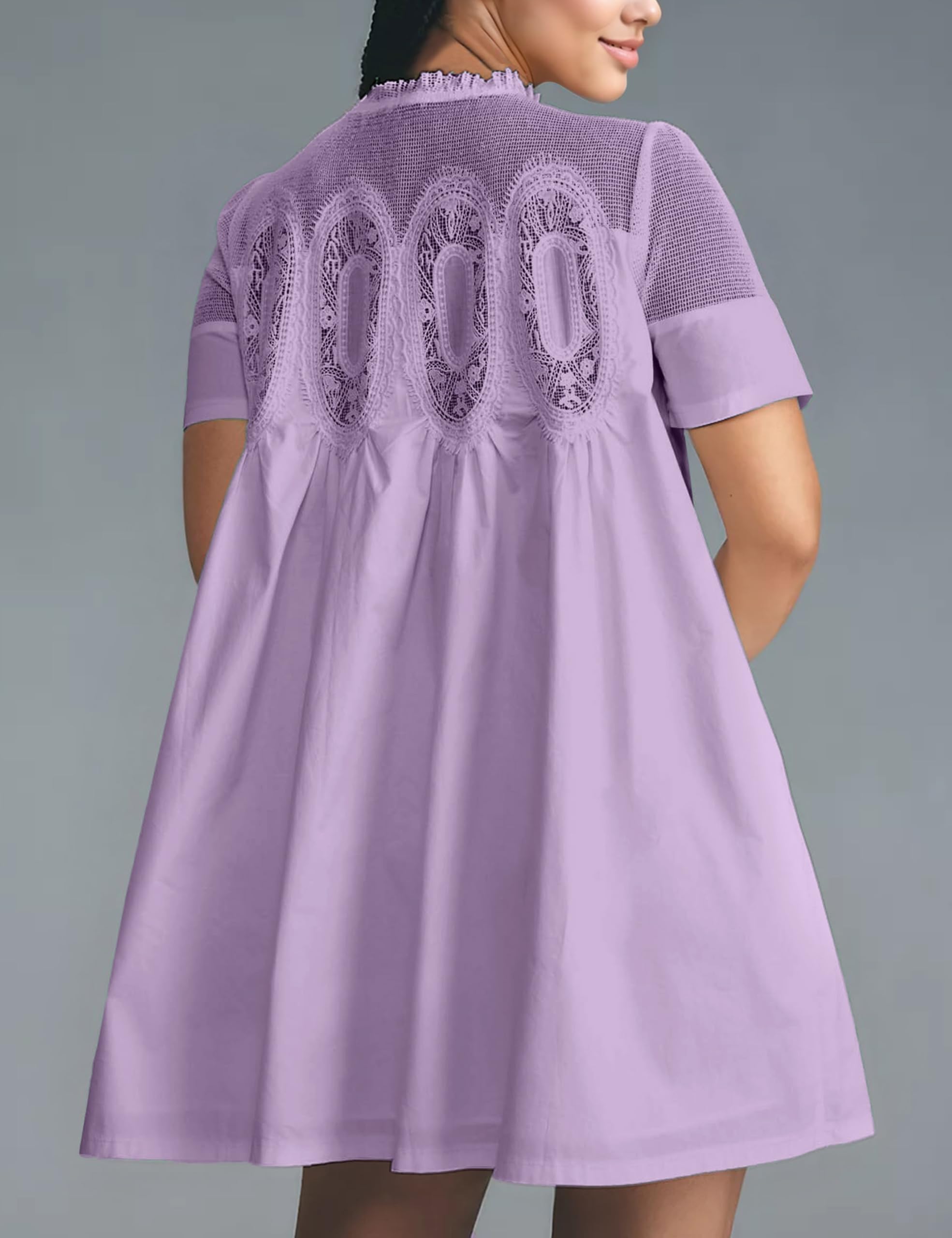 Womens Babydoll Lace Patchwork Dresses Short Sleeve Ruffle Sundress