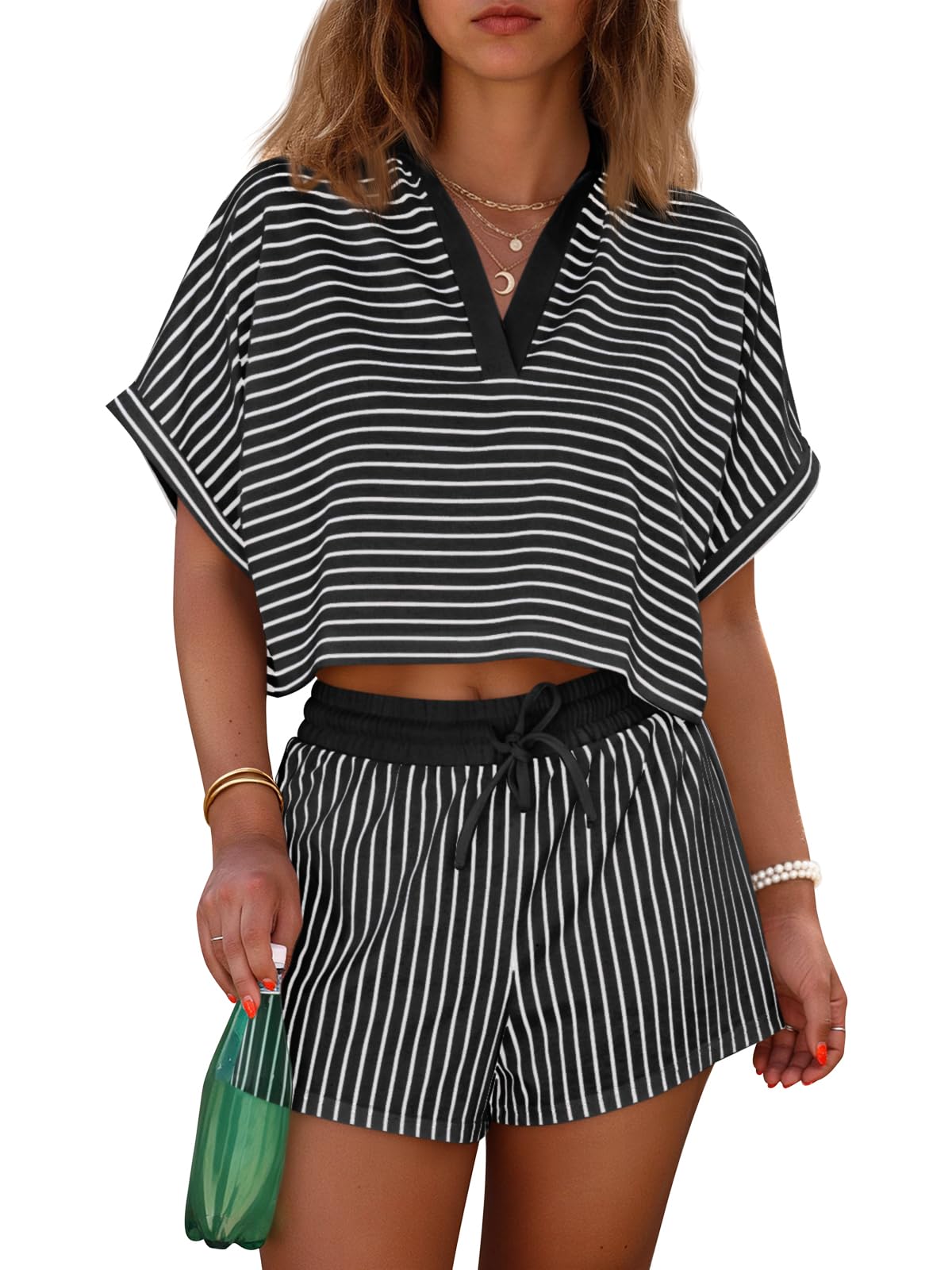 ⏰Hot Sale-Womens Striped 2 Piece Short Sets Summer Short Sleeve Collared
