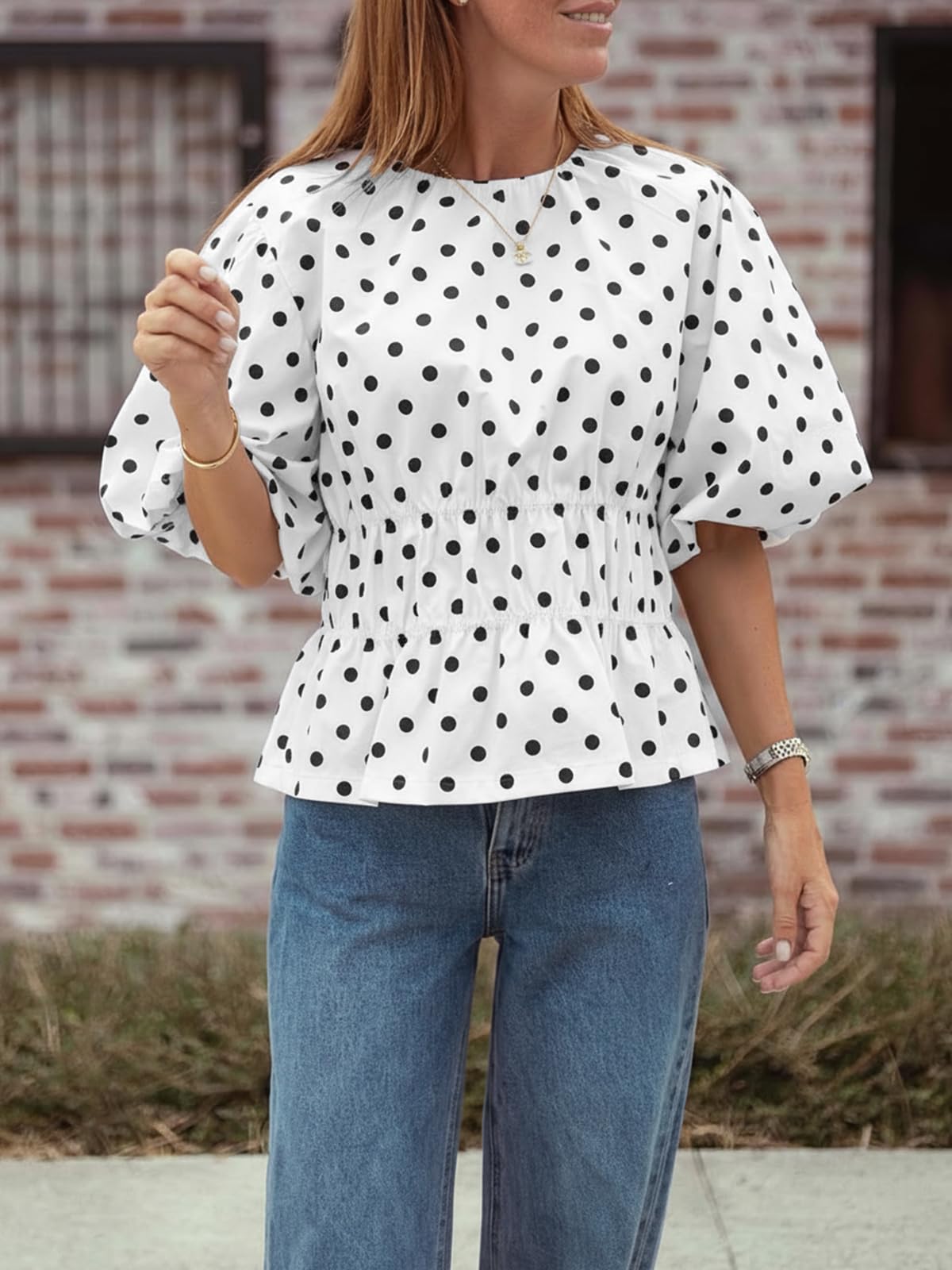 Womens Polka Dots Peplum Tops Summer Puff Short Sleeve Round Neck Blouses