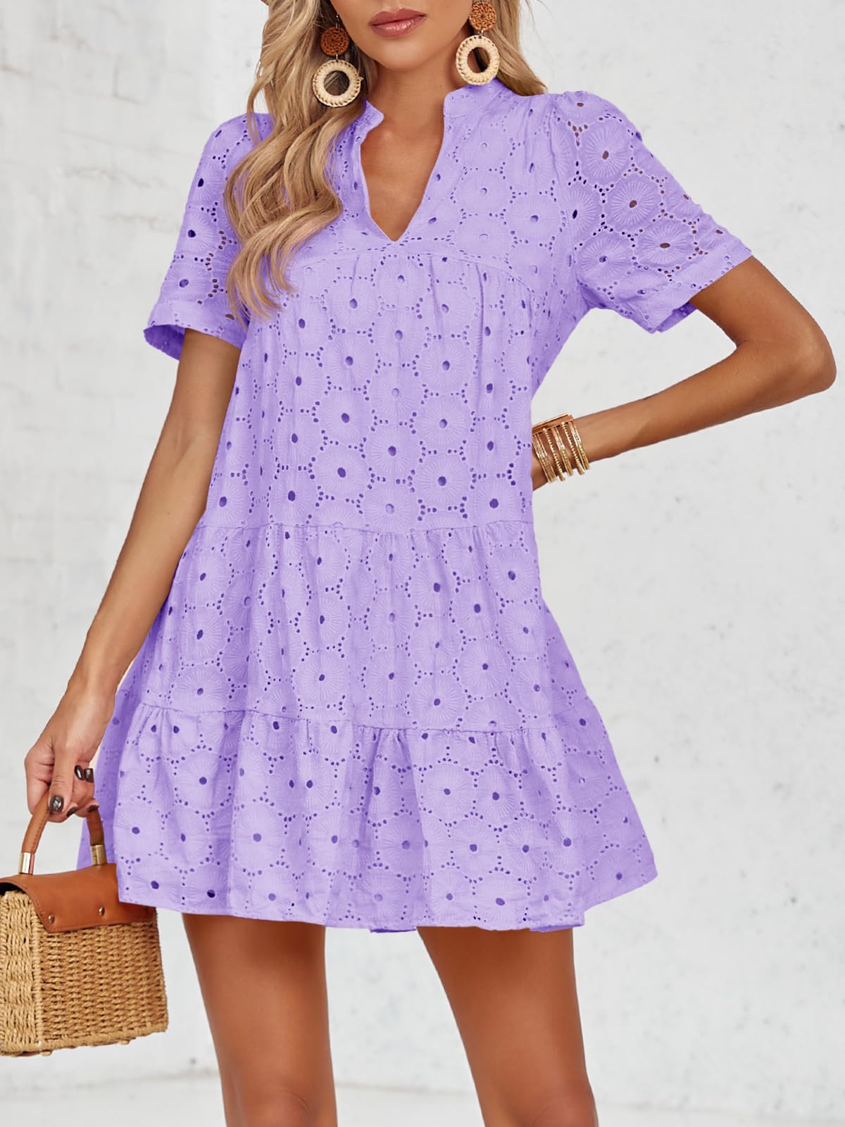 Women’s Summer Lace Dresses Eyelet Casual Flowy Babydoll Swing Short Sleeve V Neck Tunic Dress