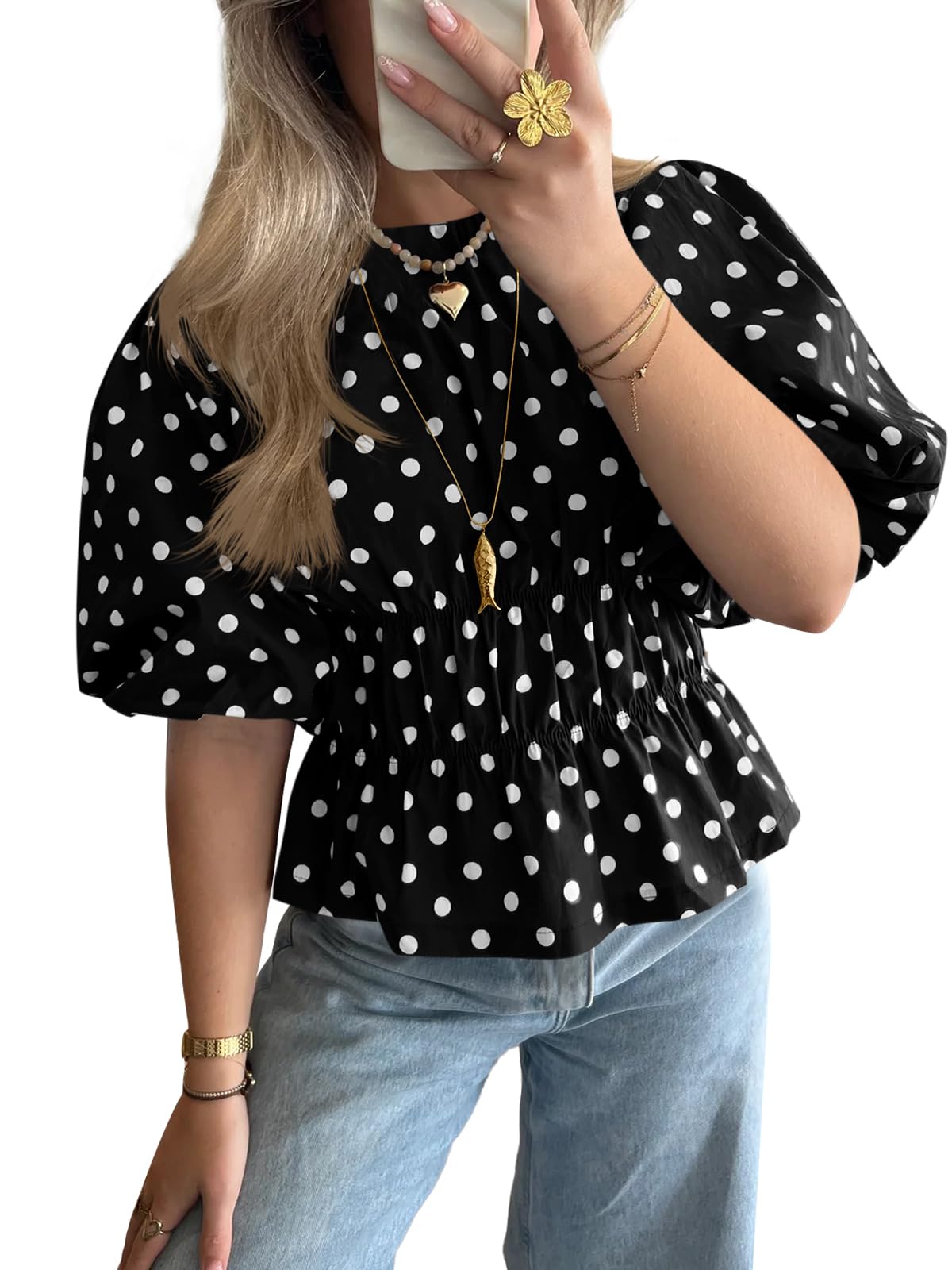 Womens Polka Dots Peplum Tops Summer Puff Short Sleeve Round Neck Blouses