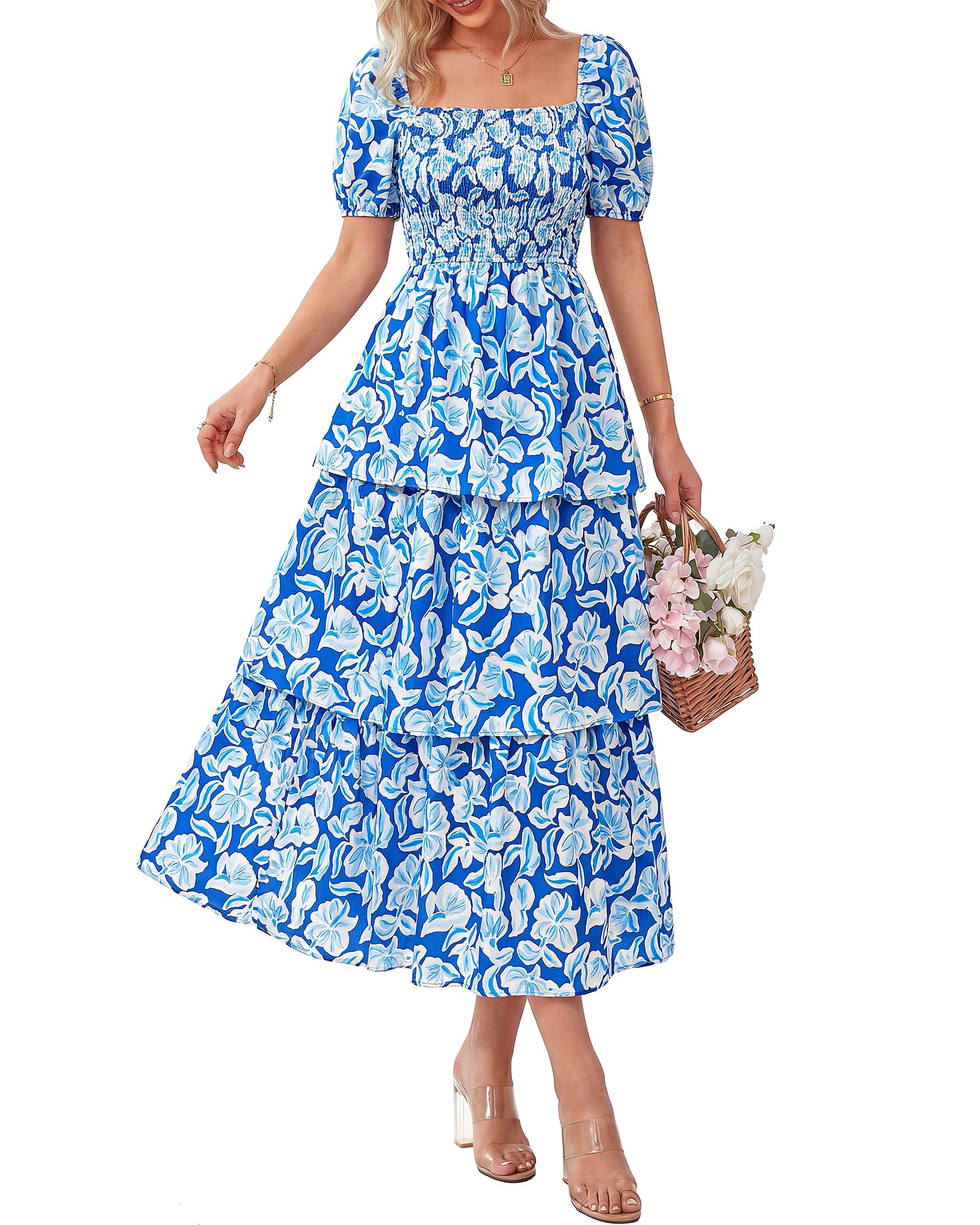 Women's Floral Square Neck Puff Short Sleeve Smocked Tiered Dress