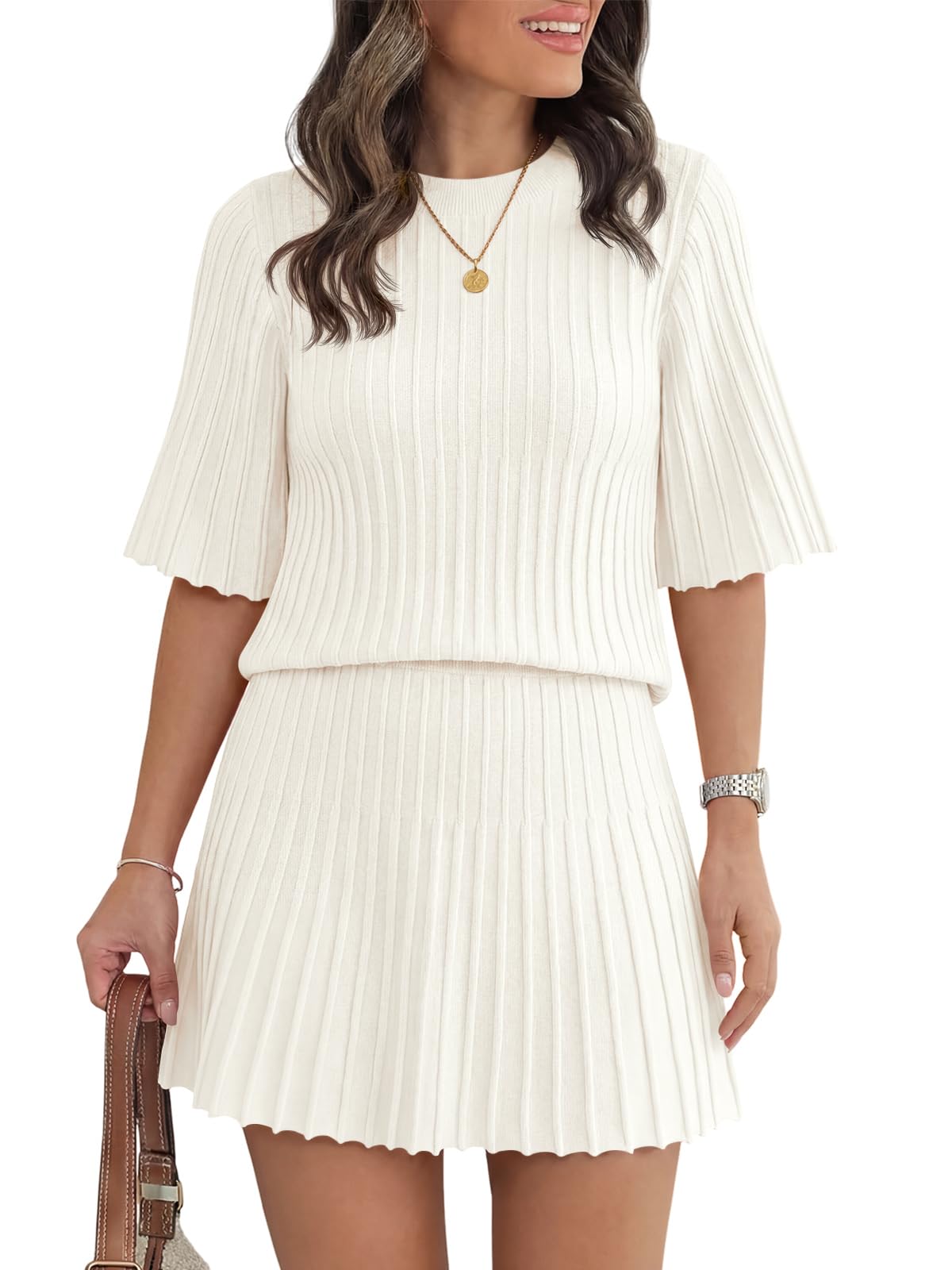 Womens Half Sleeve Ribbed Knit Top and Pleated Skirt Sweater Sets