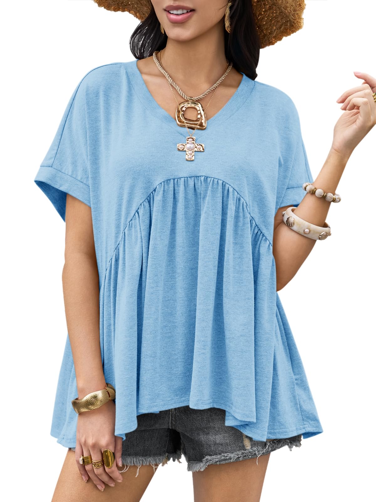 Womens Summer Peplum Tops Oversized Babydoll Short Sleeve V Neck T Shirts
