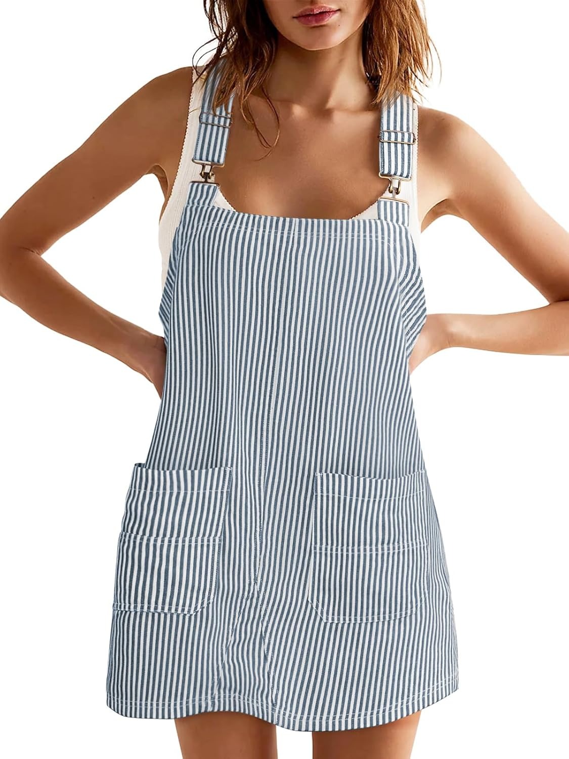Womens Adjustable Straps Casual Denim Dress Summer Striped Overalls Romper