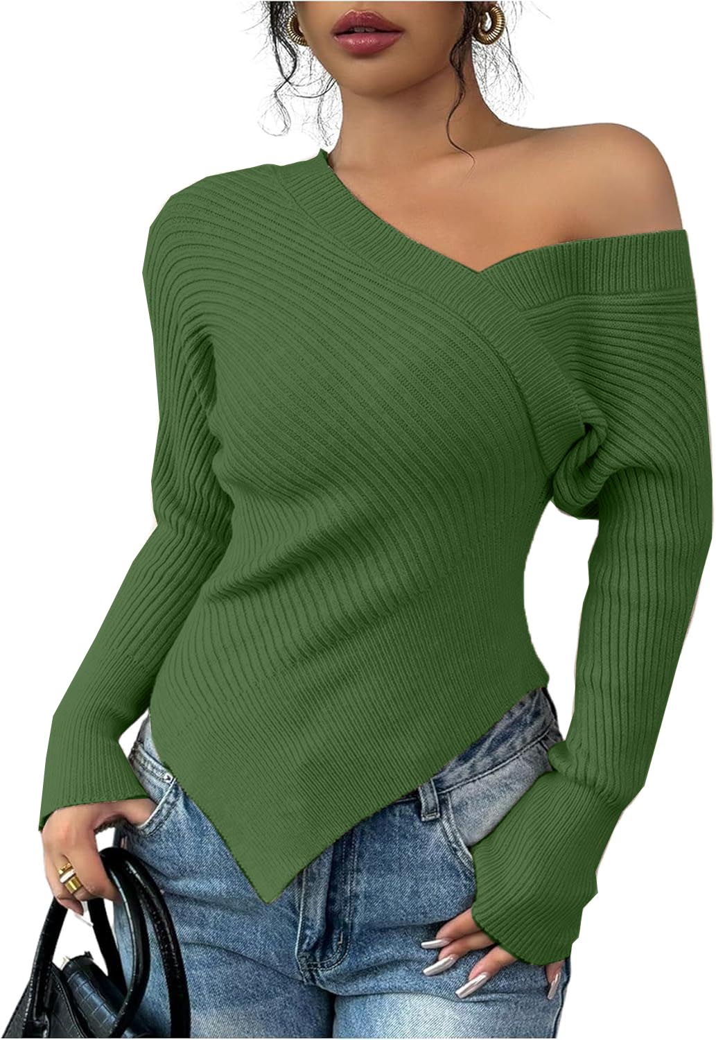 Women's Off Shoulder Ribbed Knit Wrap Asymmetrical Sweater(buy 2 free shipping)