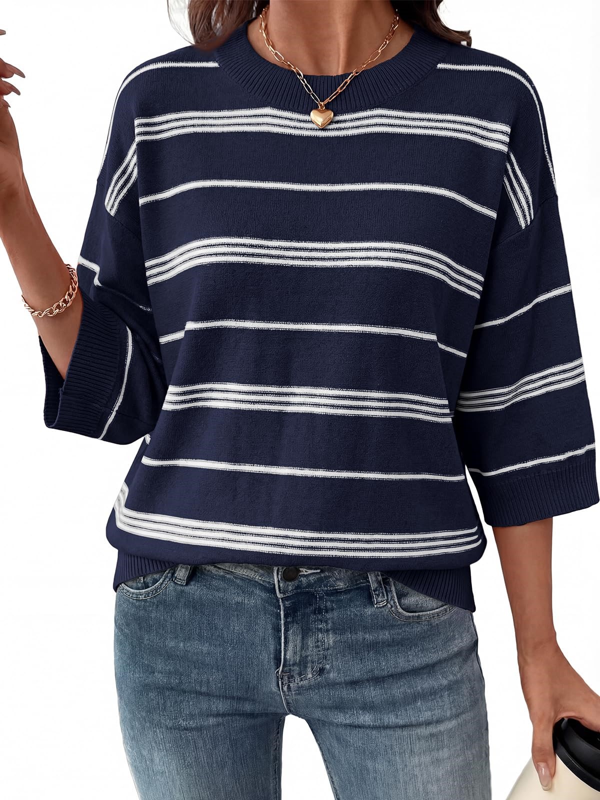 Women's Oversized 3/4 Sleeve Striped Lightweight Knit Sweater Tops