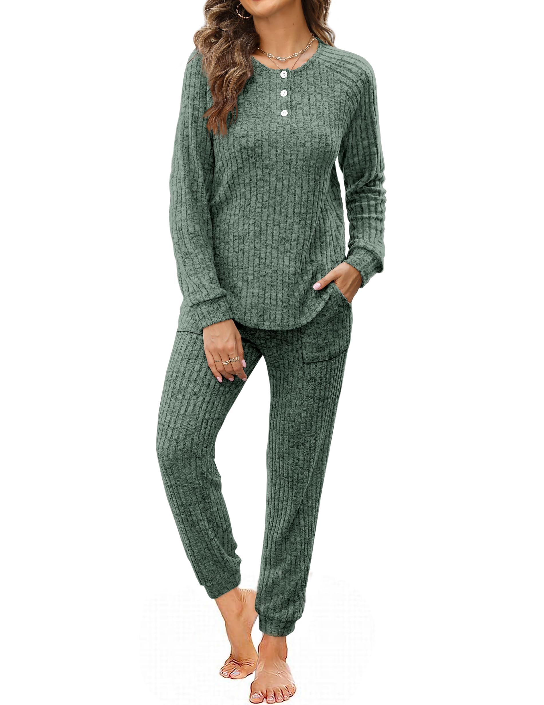 Women Lounge Sets Button Down Sweatshirt Sweatpants Two Piece Set with Pockets