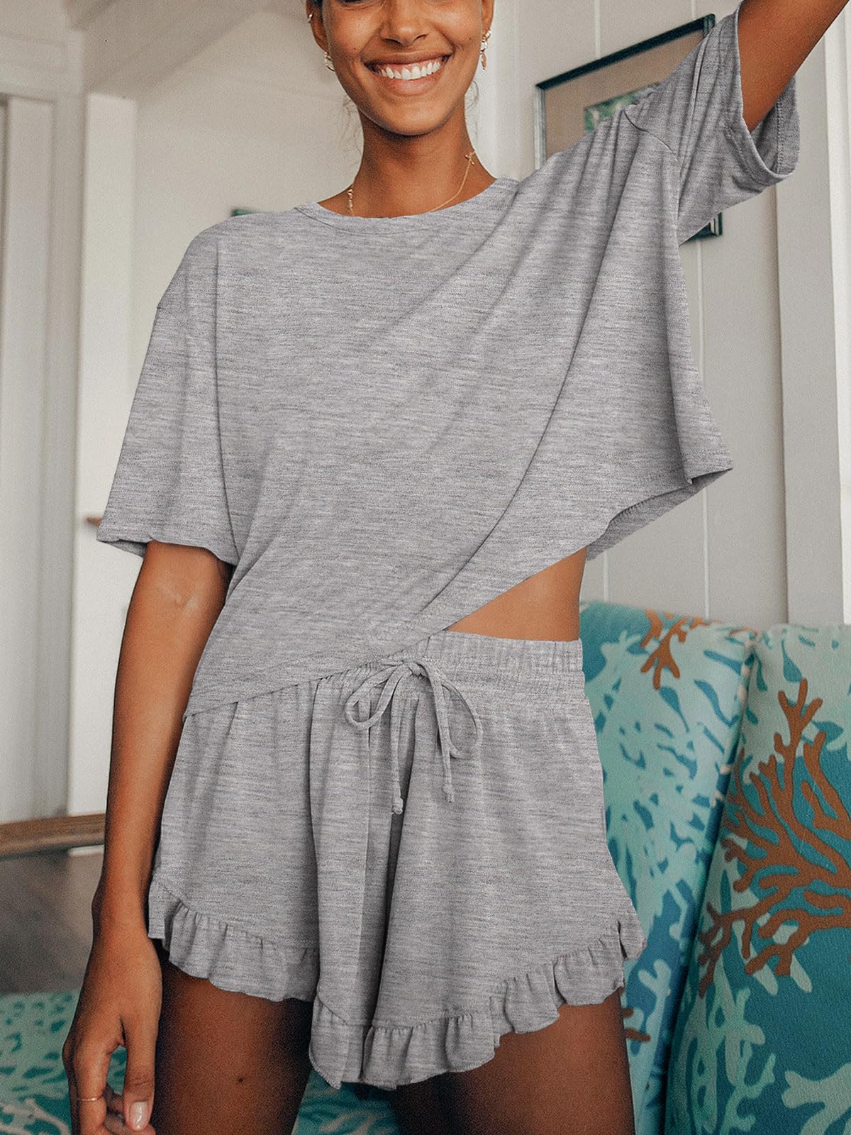 Womens Pajamas Set Lounge Sets Cropped Short Sleeve T Shirts Drawstring Ruffle Shorts