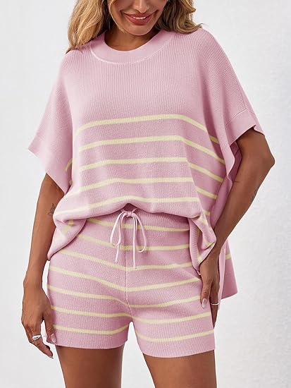 Women's Striped 2 Piece Outfits Oversized Batwing Short Sleeve Tops High Waisted Shorts(40% OFF!!!)