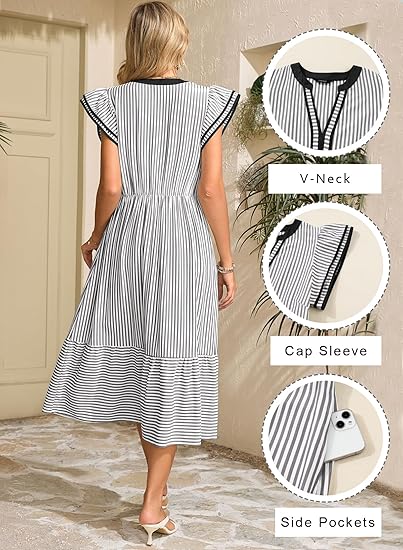 Womens Stripe Double Ruffled Short Sleeve Contrast Trim V Neck Midi Dress with Pockets