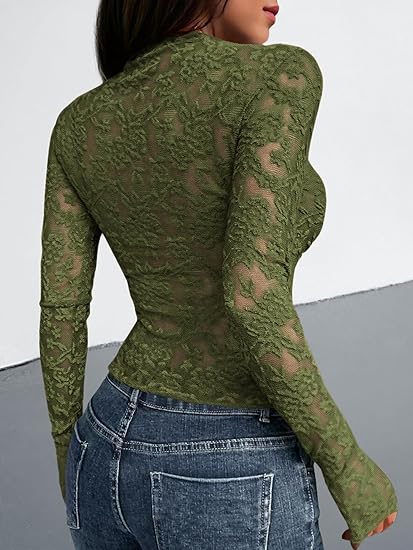 Women Lace Sexy Sheer Tight See Through Mesh Long Sleeve Tops(buy 2 free shipping)