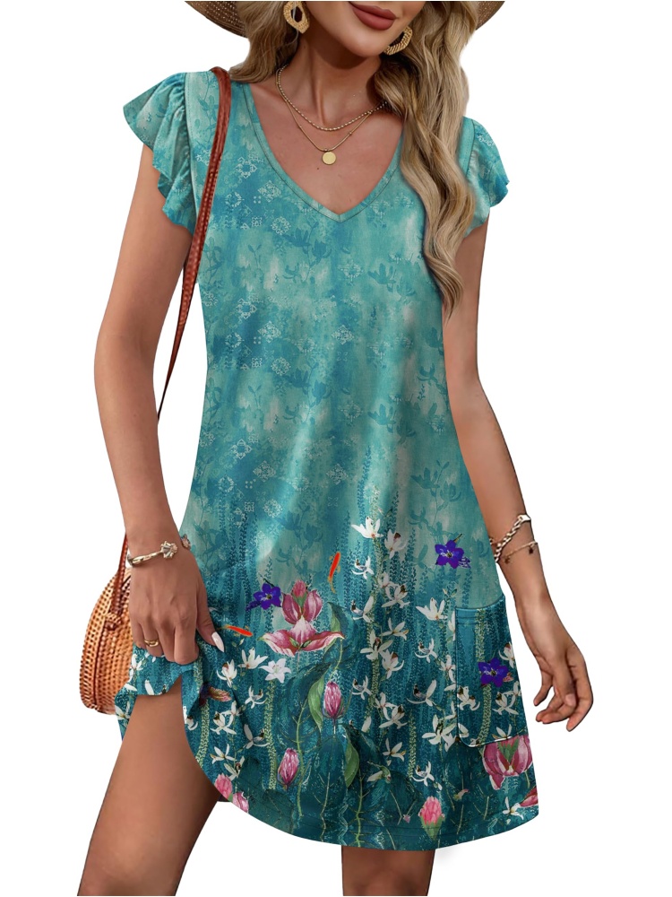 Womens Ruffle Sleeve V Neck Loose Swing Sundresses with Pockets