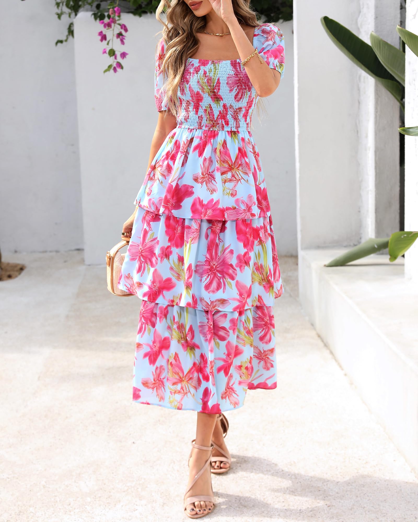 Women's Floral Square Neck Puff Short Sleeve Smocked Tiered Dress