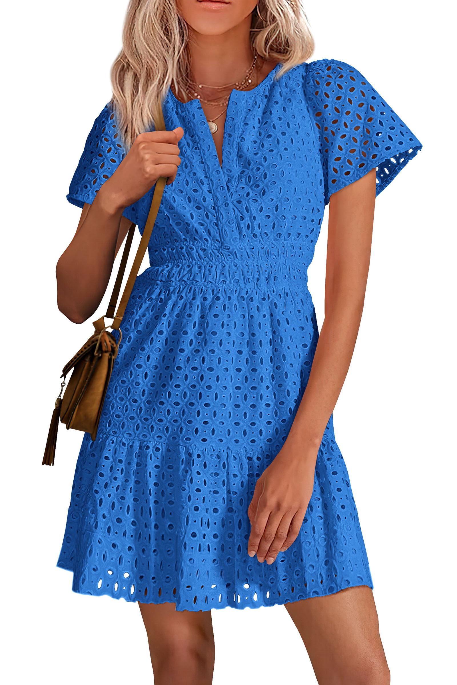 Women's Short Sleeve V Neck A Line Hollow Out Lace Dress
