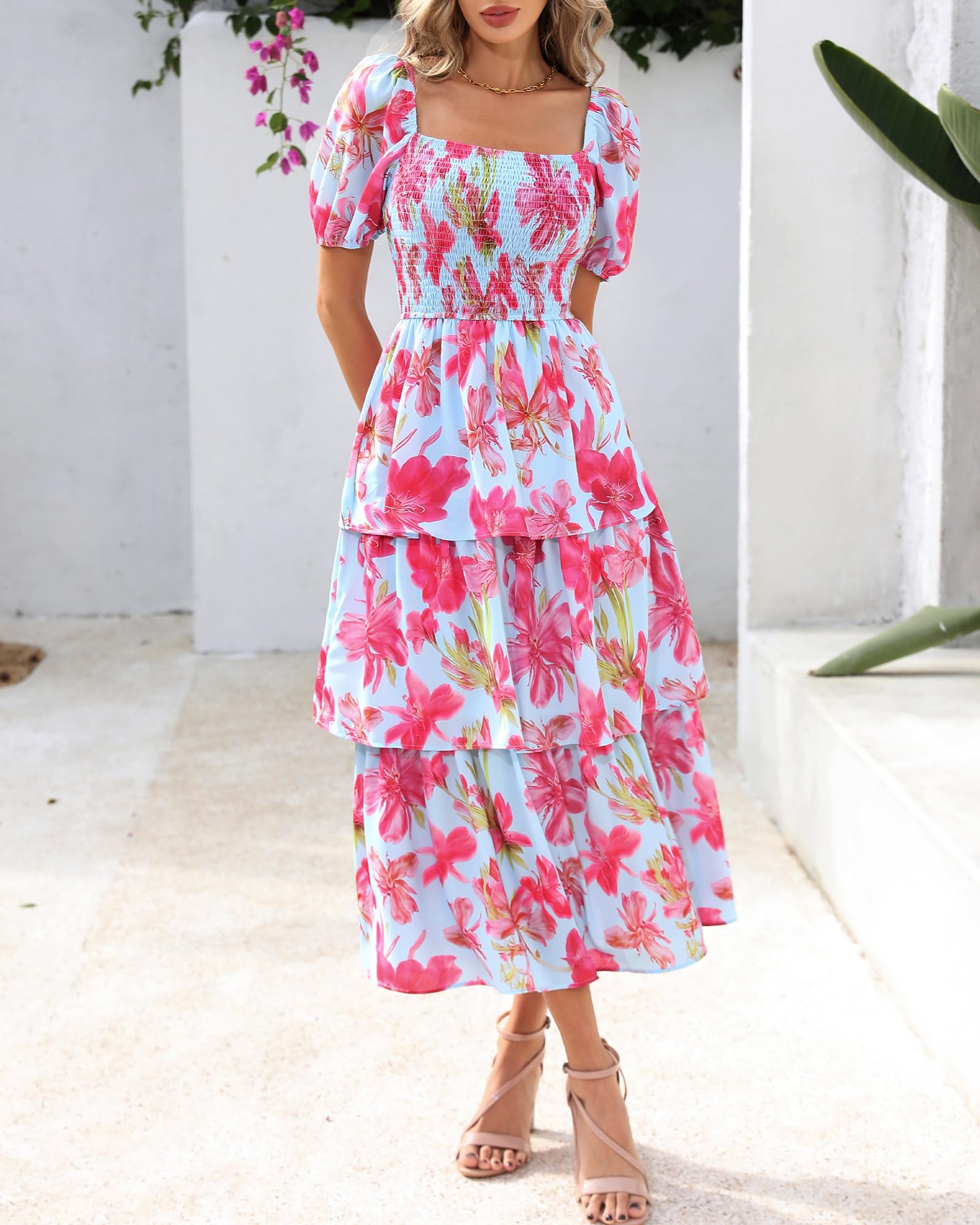 Women's Floral Square Neck Puff Short Sleeve Smocked Tiered Dress