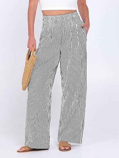 Womens Striped Palazzo Pants Wide Leg High Waisted Trousers with Pockets