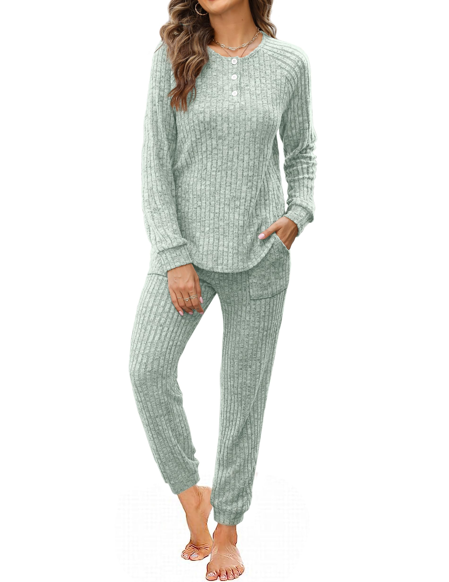 Women Lounge Sets Button Down Sweatshirt Sweatpants Two Piece Set with Pockets